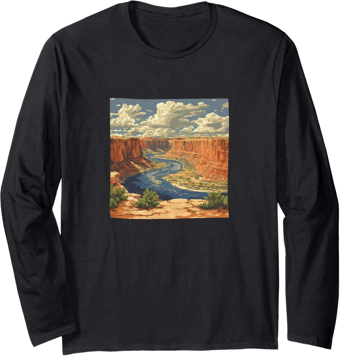 River Through A Canyon Vintage Landscape Graphic Long Sleeve T-Shirt
