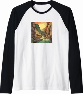 River Through A Canyon Vintage Landscape Graphic Raglan Baseball Tee