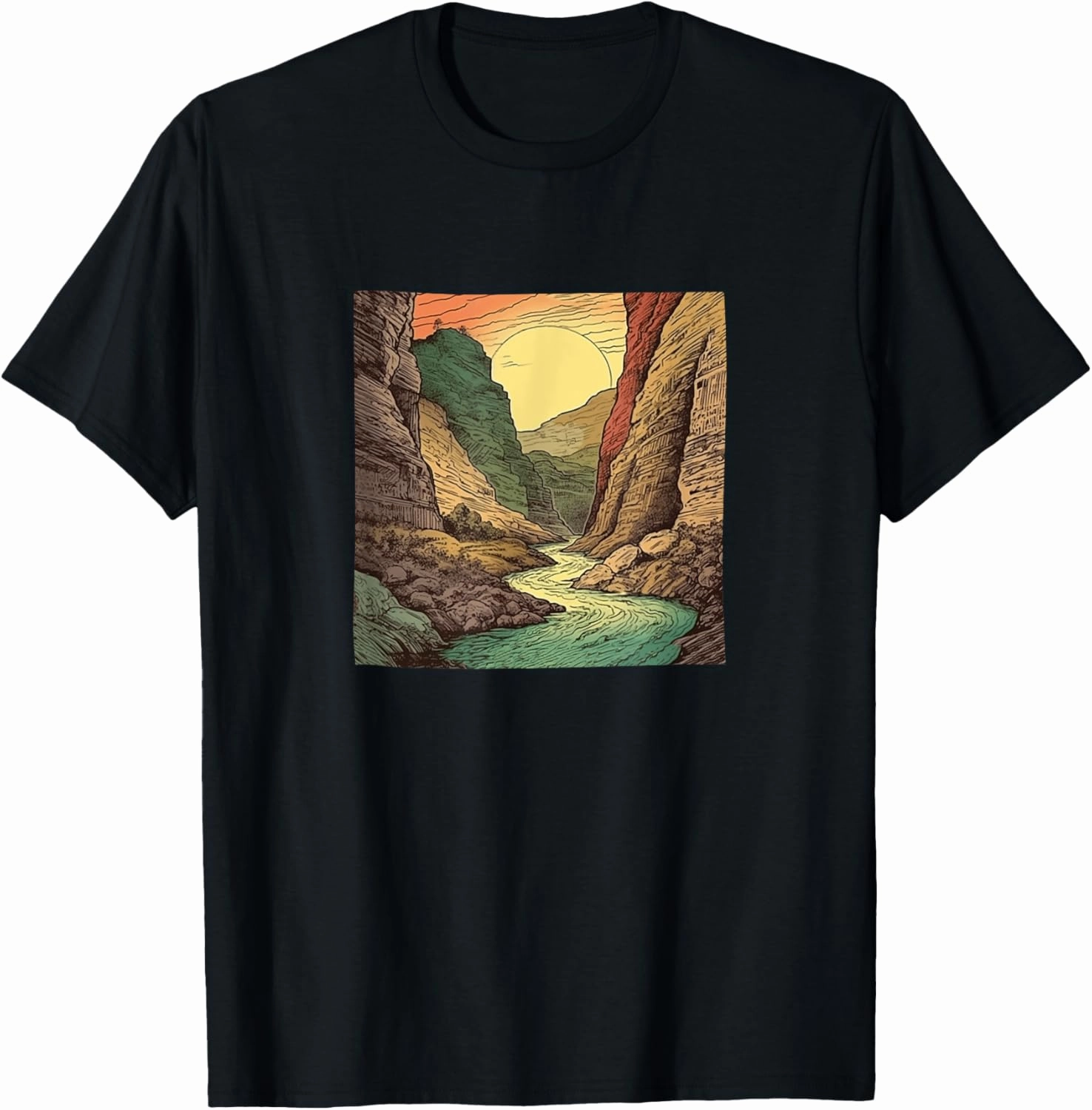 River Through A Canyon Vintage Landscape Graphic T-Shirt