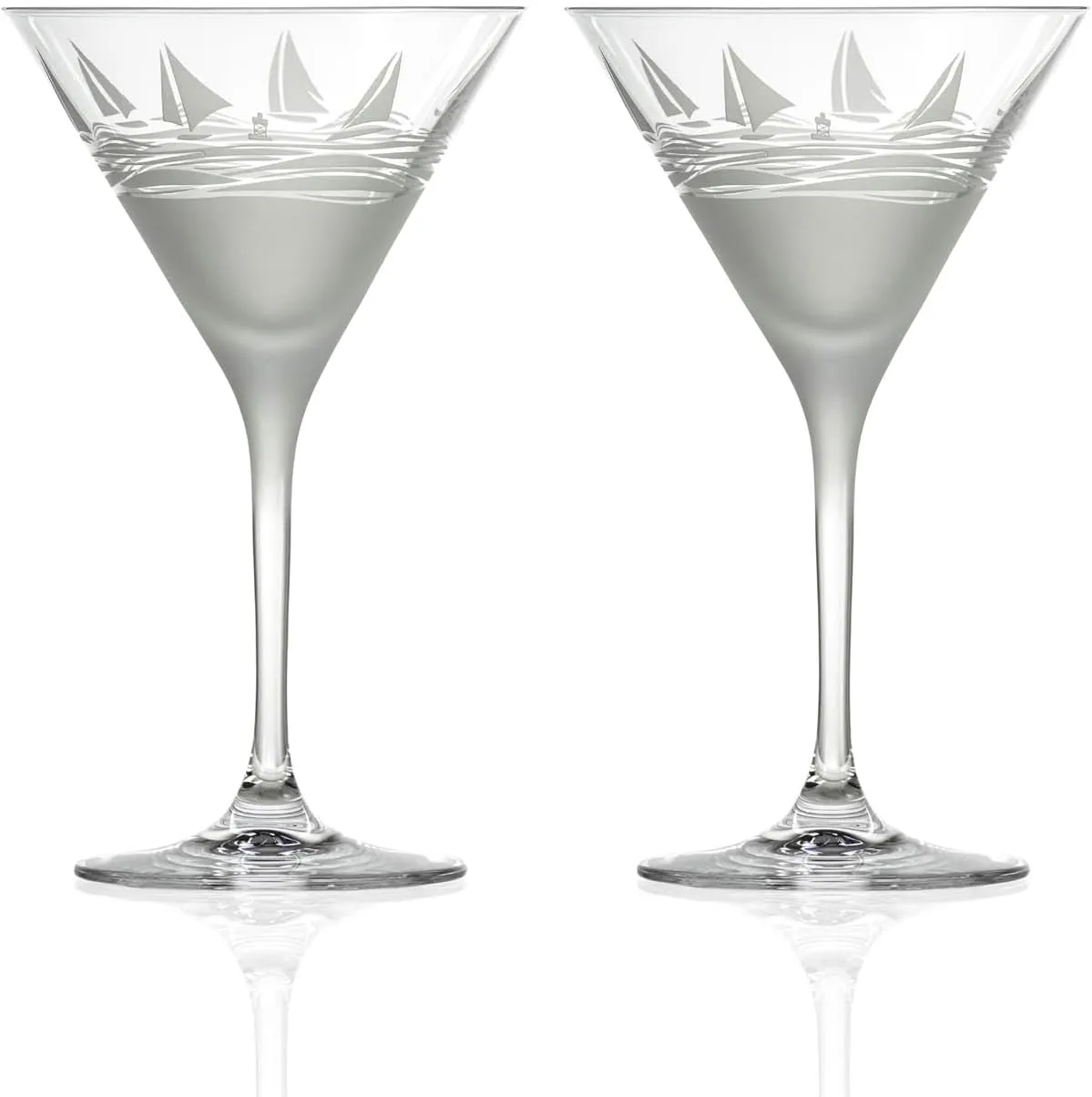 Rolf Glass Regatta 10oz Martini Cocktail Glass | Set of 2 Lead-Free Glasses | Proudly Made in the USA | Engraved Martini Glasses | Nautical Sailboat Design