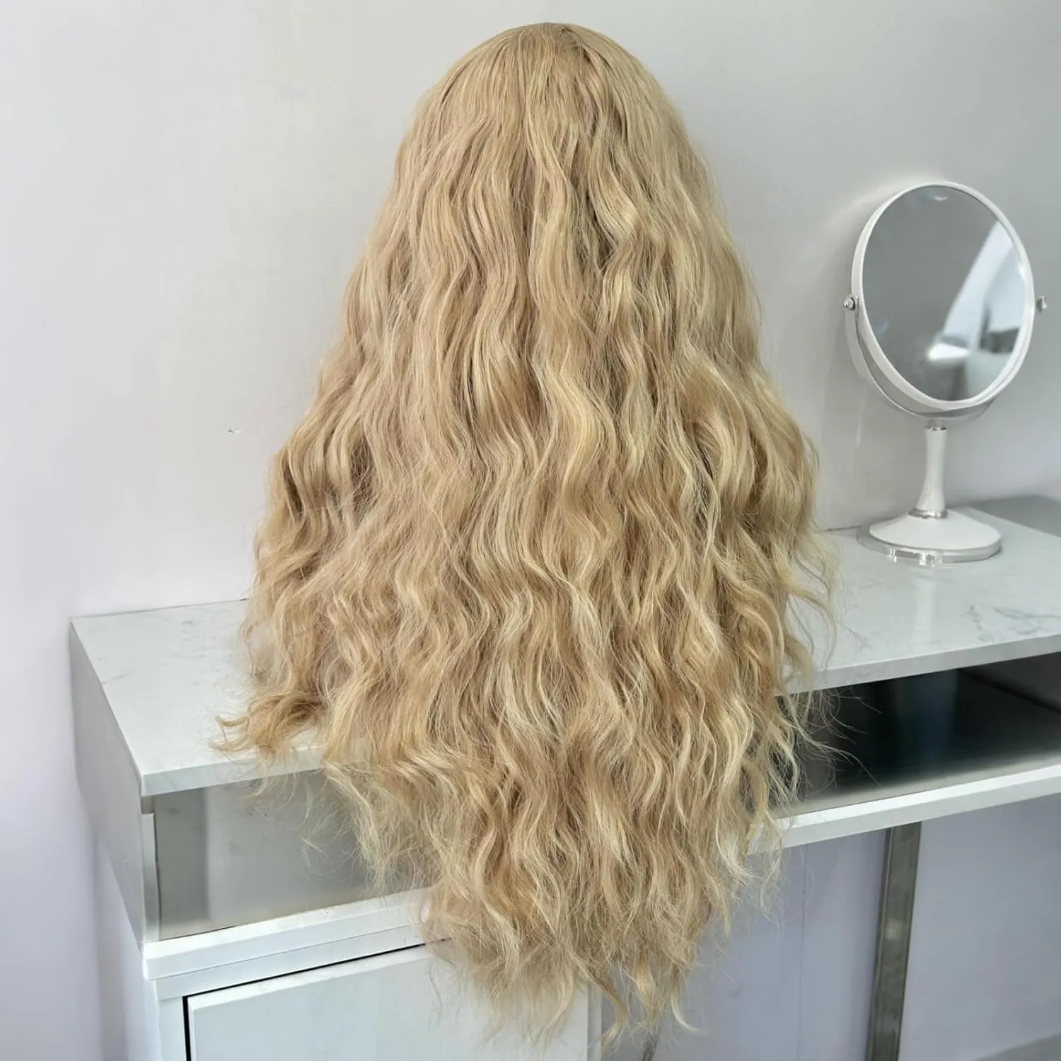 RONGDUOYI Ash Blonde Highlight Wig Long Deep Wave Curly Wavy Synthetic Hair Free Part Glueless Money Piece Honey Blonde Balayage Water Wave Lace Front Wigs for Women Daily Party Cosplay