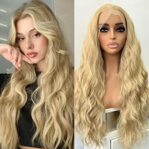RONGDUOYI Ash Blonde Highlight Wig Long Deep Wave Curly Wavy Synthetic Hair Free Part Glueless Money Piece Honey Blonde Balayage Water Wave Lace Front Wigs for Women Daily Party Cosplay
