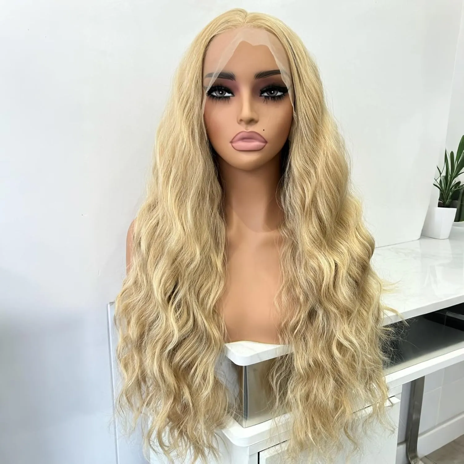 RONGDUOYI Ash Blonde Highlight Wig Long Deep Wave Curly Wavy Synthetic Hair Free Part Glueless Money Piece Honey Blonde Balayage Water Wave Lace Front Wigs for Women Daily Party Cosplay