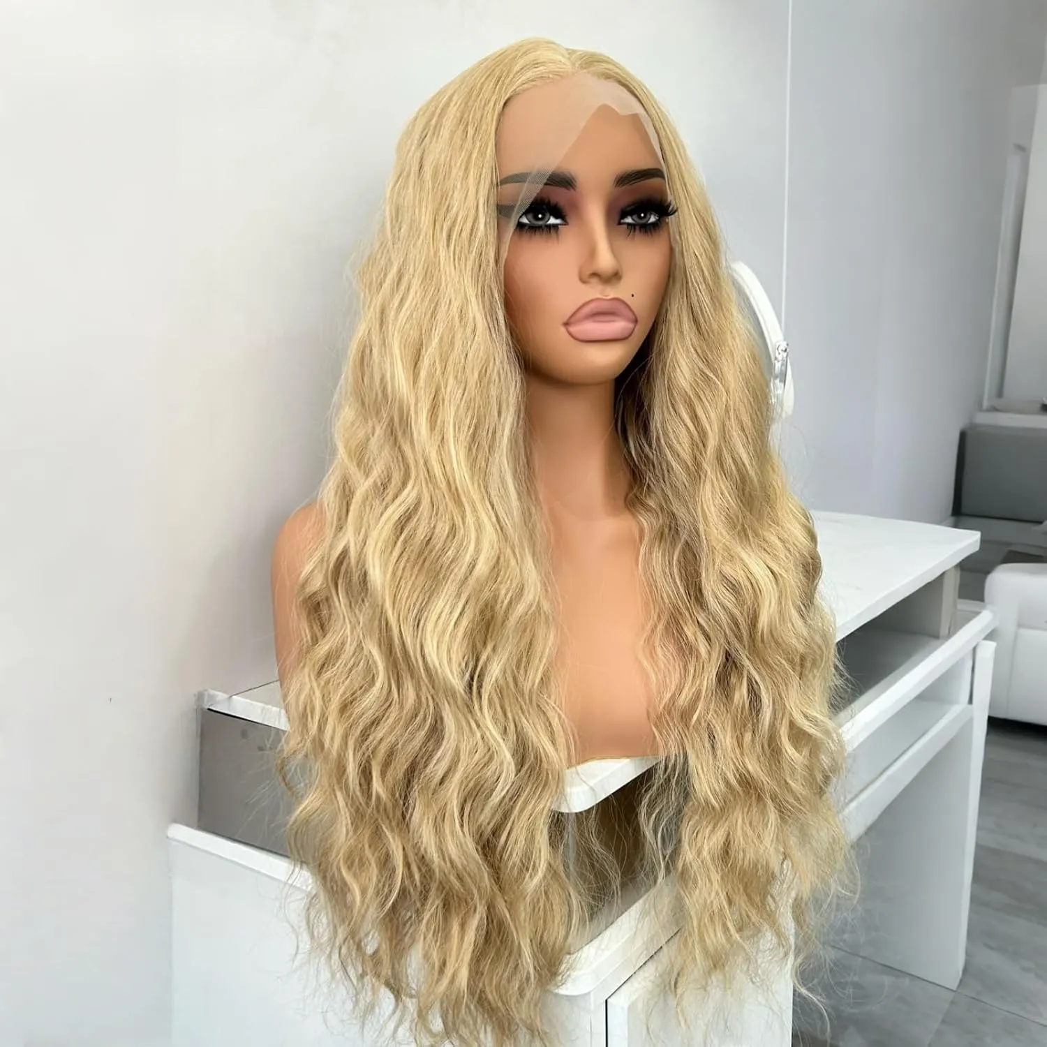 RONGDUOYI Ash Blonde Highlight Wig Long Deep Wave Curly Wavy Synthetic Hair Free Part Glueless Money Piece Honey Blonde Balayage Water Wave Lace Front Wigs for Women Daily Party Cosplay