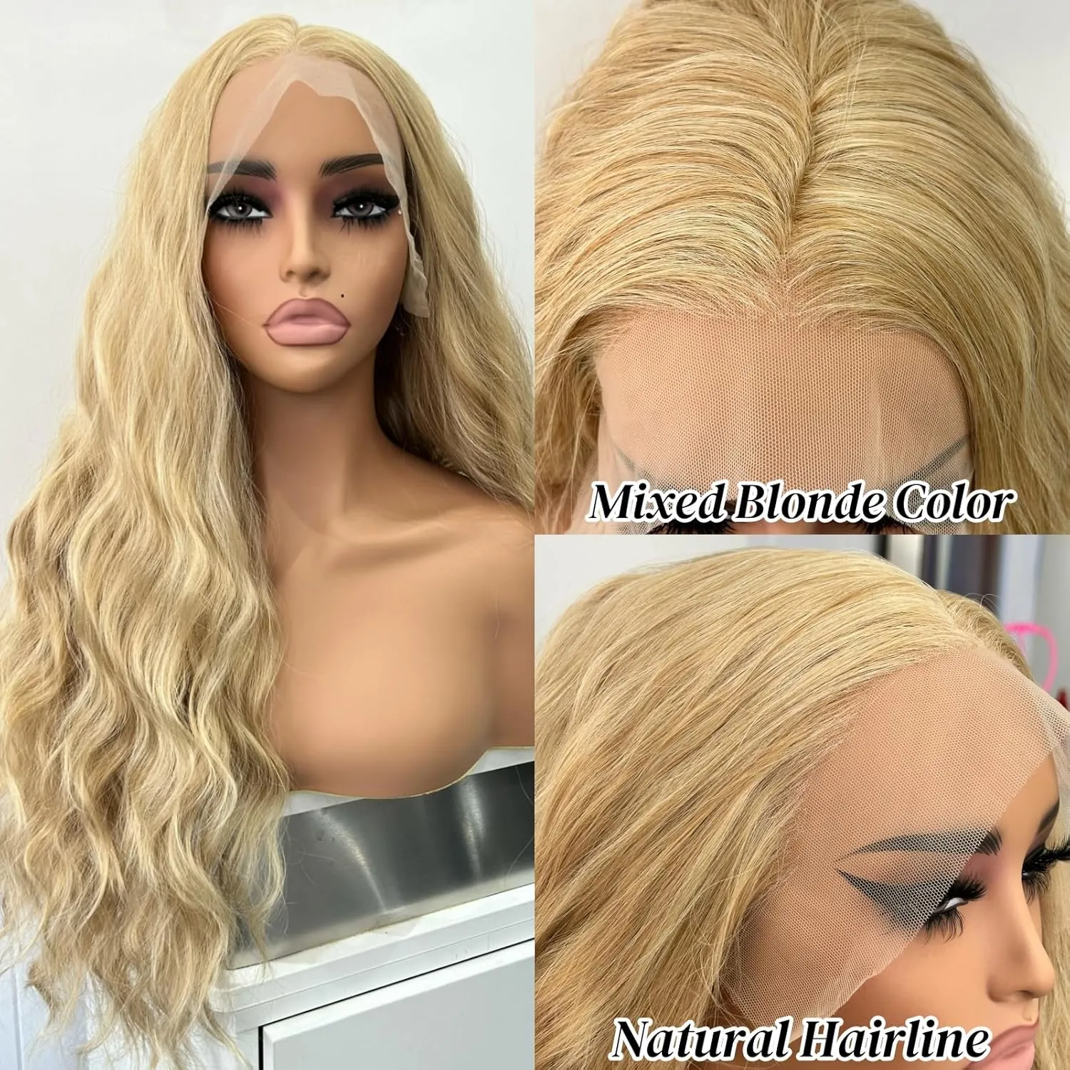 RONGDUOYI Ash Blonde Highlight Wig Long Deep Wave Curly Wavy Synthetic Hair Free Part Glueless Money Piece Honey Blonde Balayage Water Wave Lace Front Wigs for Women Daily Party Cosplay
