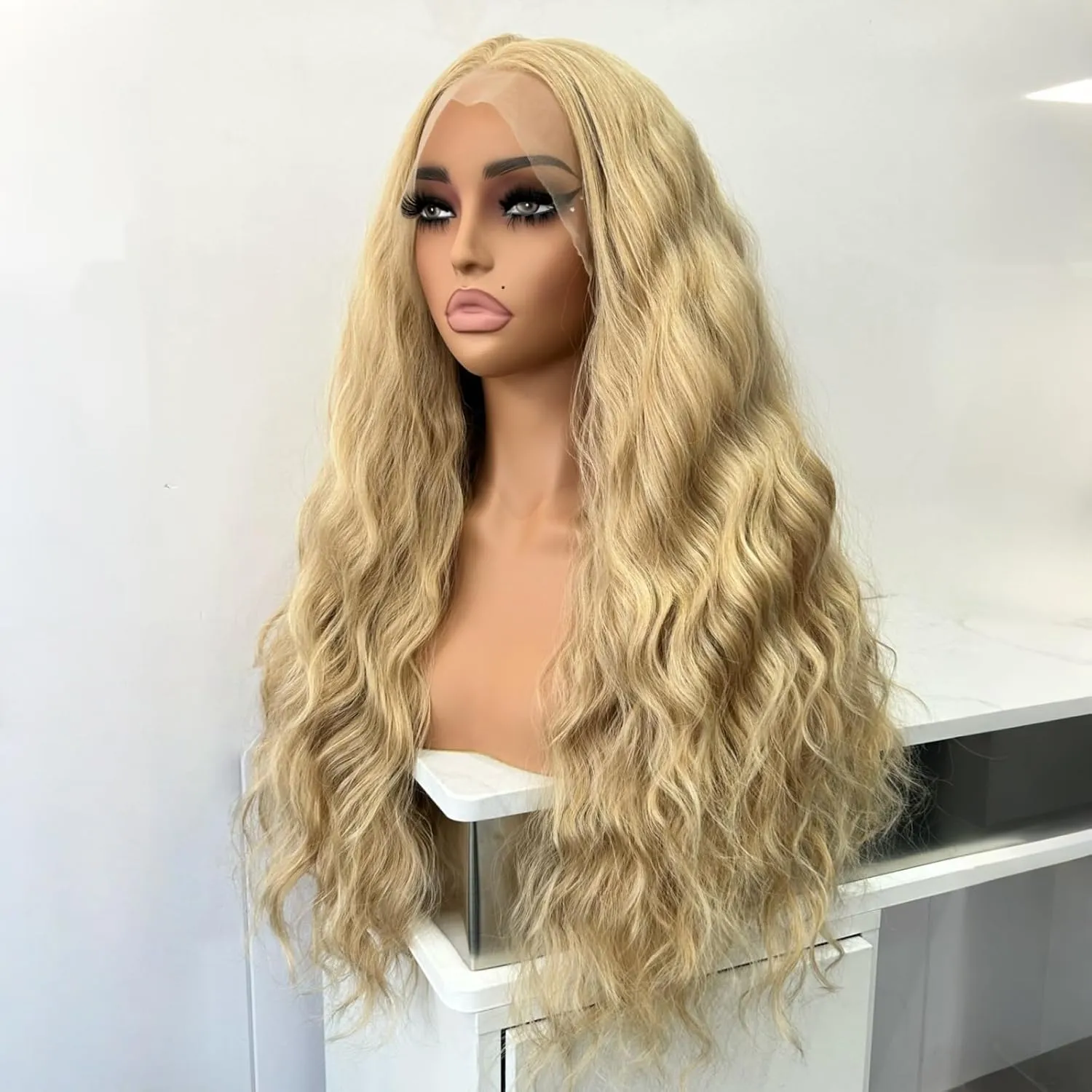 RONGDUOYI Ash Blonde Highlight Wig Long Deep Wave Curly Wavy Synthetic Hair Free Part Glueless Money Piece Honey Blonde Balayage Water Wave Lace Front Wigs for Women Daily Party Cosplay