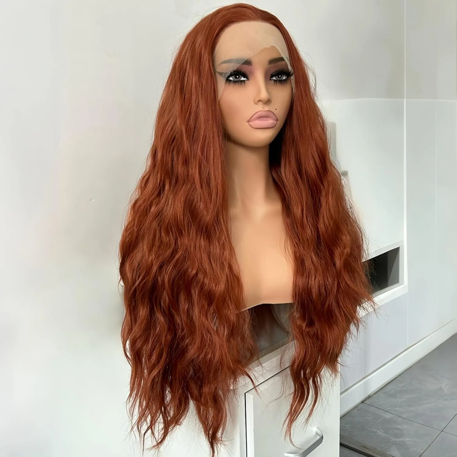 RONGDUOYI Auburn Wig Long Wavy Curly Synthetic Lace Front Wig Glueless Natural Hair Wig Water Wave Lace Frontal Copper Red Curly Wigs for Women Daily Party Cosplay
