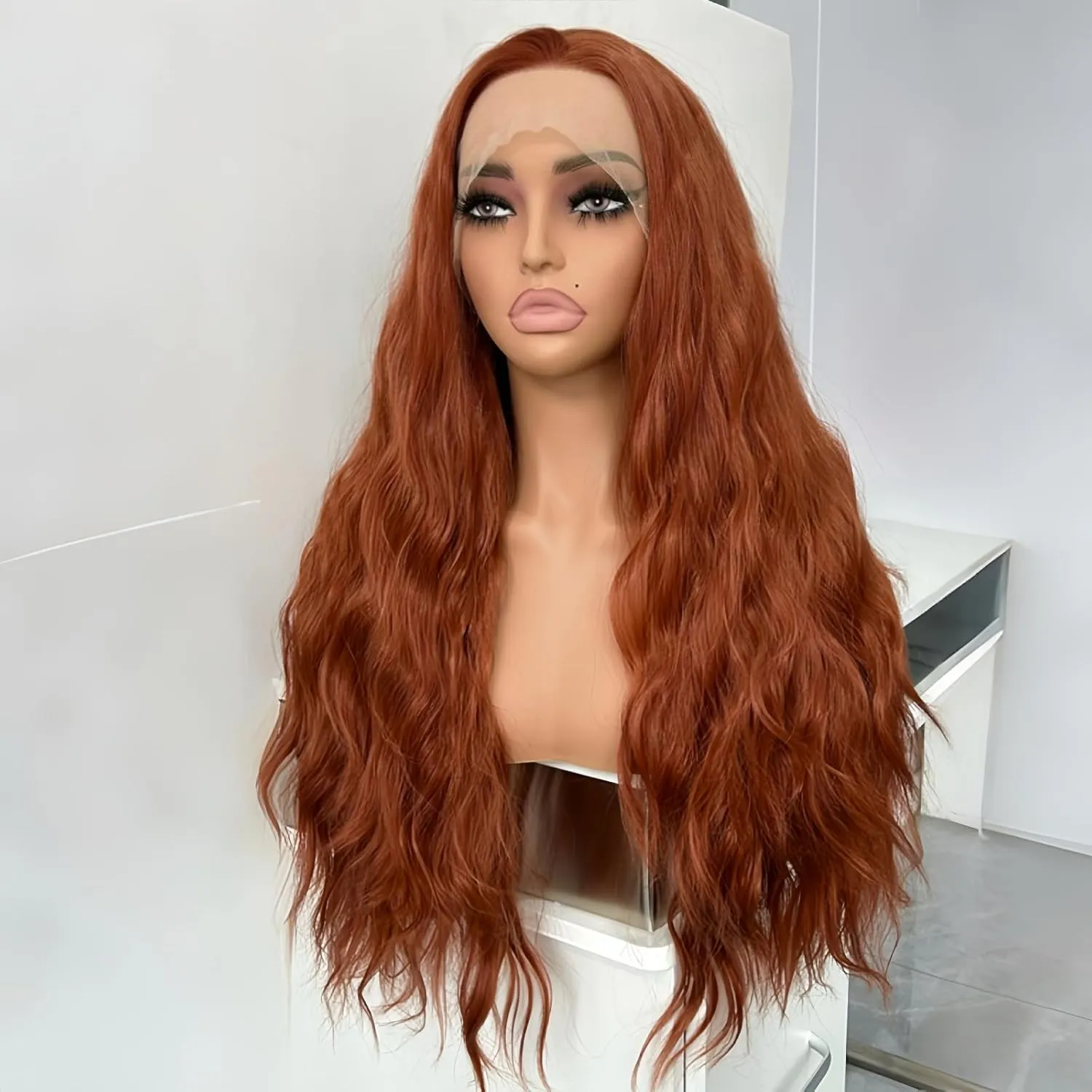 RONGDUOYI Auburn Wig Long Wavy Curly Synthetic Lace Front Wig Glueless Natural Hair Wig Water Wave Lace Frontal Copper Red Curly Wigs for Women Daily Party Cosplay