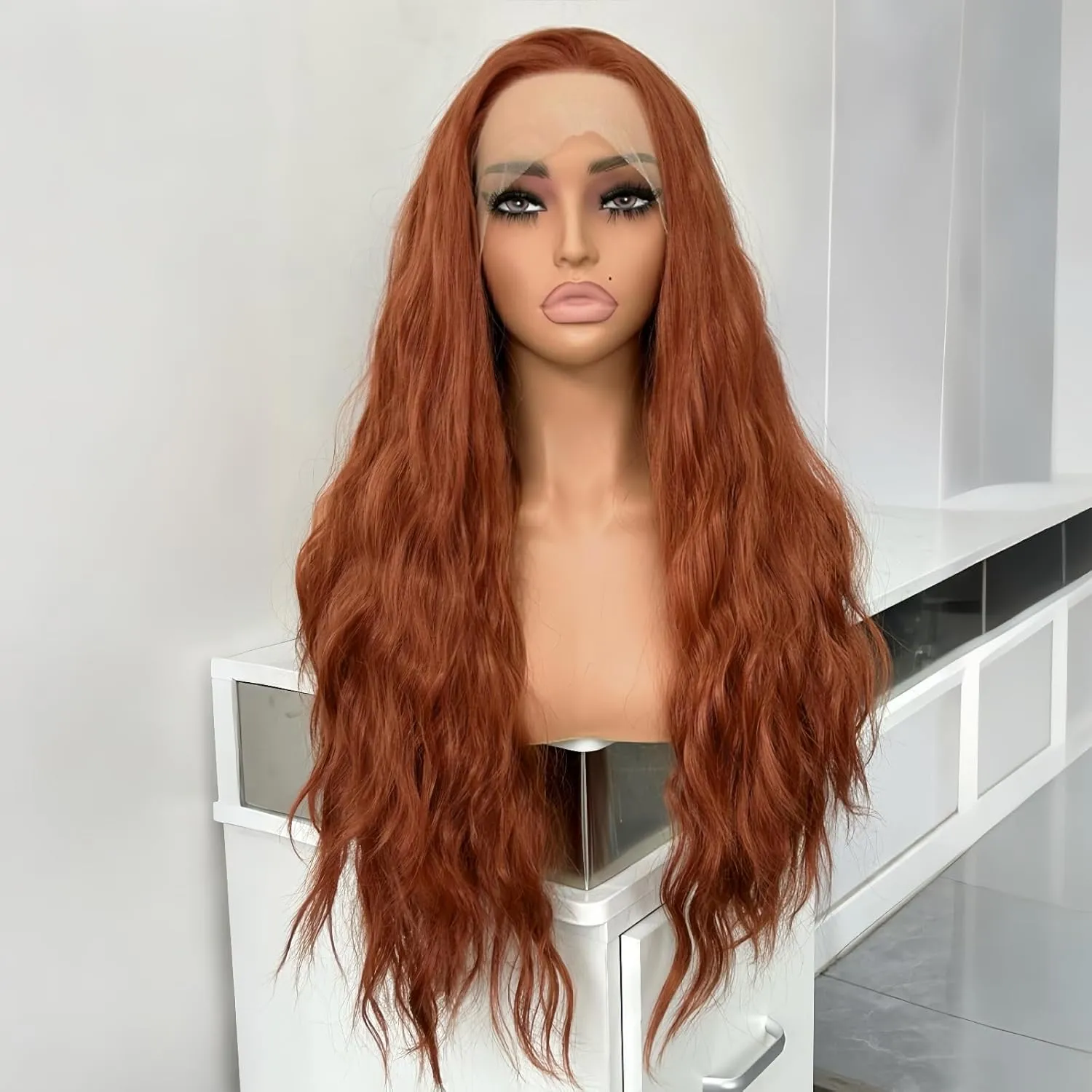 RONGDUOYI Auburn Wig Long Wavy Curly Synthetic Lace Front Wig Glueless Natural Hair Wig Water Wave Lace Frontal Copper Red Curly Wigs for Women Daily Party Cosplay