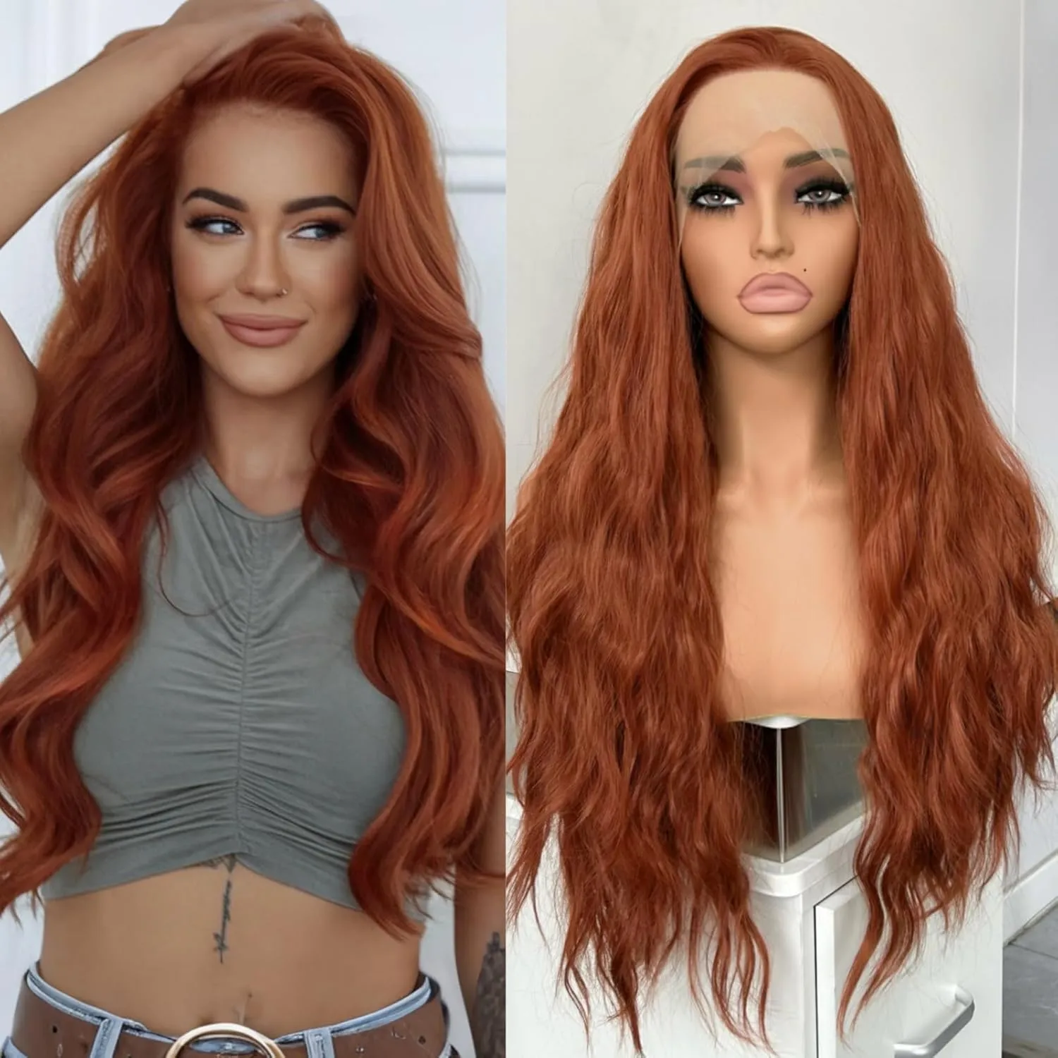 RONGDUOYI Auburn Wig Long Wavy Curly Synthetic Lace Front Wig Glueless Natural Hair Wig Water Wave Lace Frontal Copper Red Curly Wigs for Women Daily Party Cosplay
