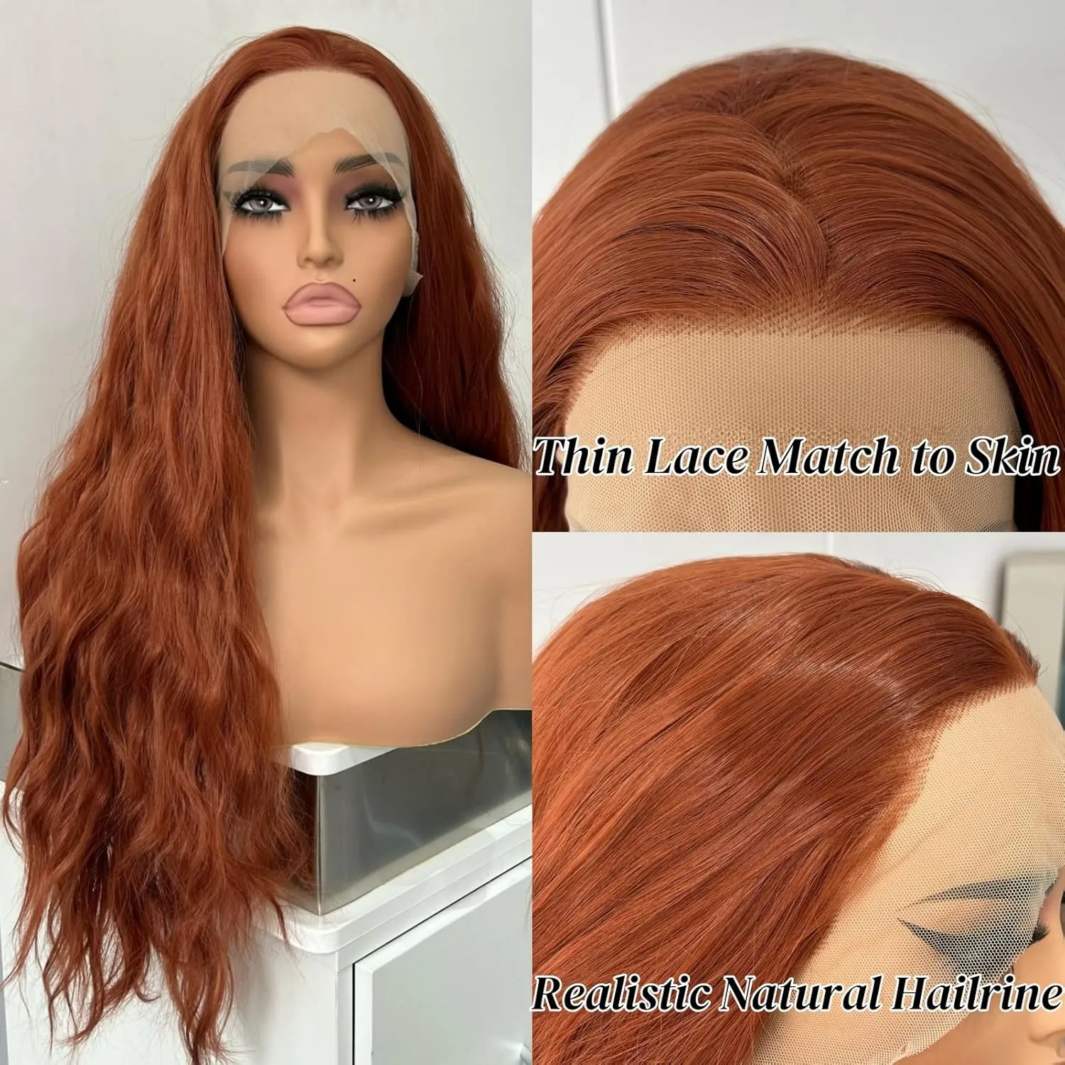 RONGDUOYI Auburn Wig Long Wavy Curly Synthetic Lace Front Wig Glueless Natural Hair Wig Water Wave Lace Frontal Copper Red Curly Wigs for Women Daily Party Cosplay