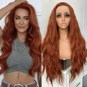 RONGDUOYI Auburn Wig Long Wavy Curly Synthetic Lace Front Wig Glueless Natural Hair Wig Water Wave Lace Frontal Copper Red Curly Wigs for Women Daily Party Cosplay