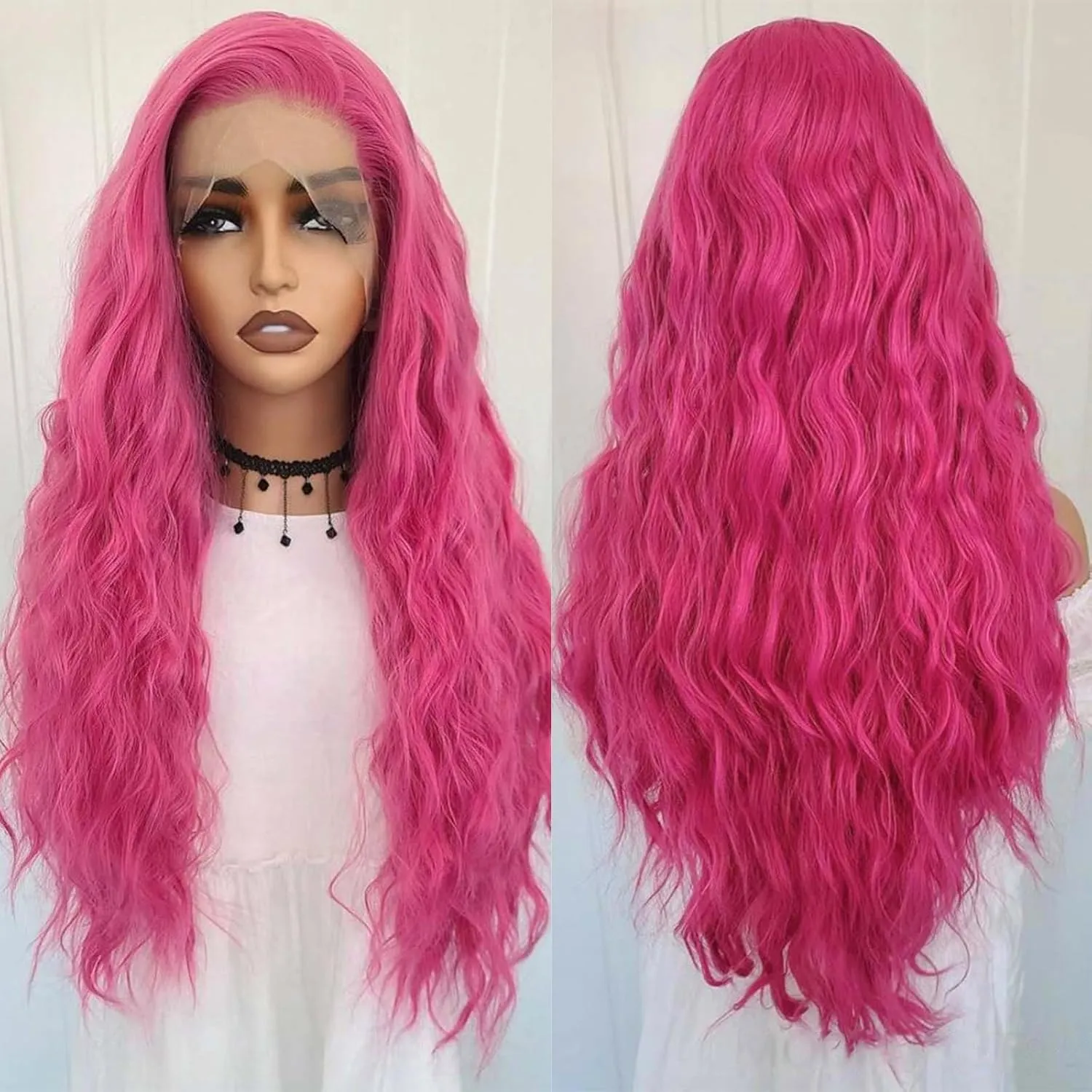 RONGDUOYI Hot Pink Wig Long Wavy Hair Wig Pink Curly Synthetic Lace Front Wig Water Wave Glueless Red Deep Wave Lace Front Wigs for Women Party Cosplay