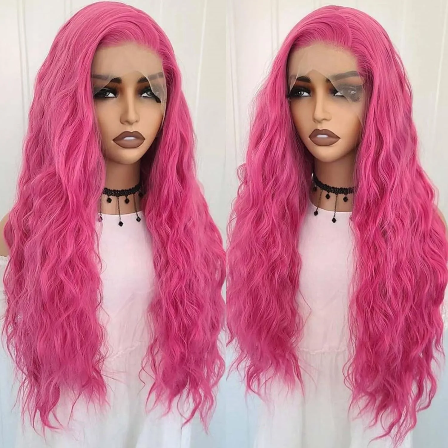 RONGDUOYI Hot Pink Wig Long Wavy Hair Wig Pink Curly Synthetic Lace Front Wig Water Wave Glueless Red Deep Wave Lace Front Wigs for Women Party Cosplay