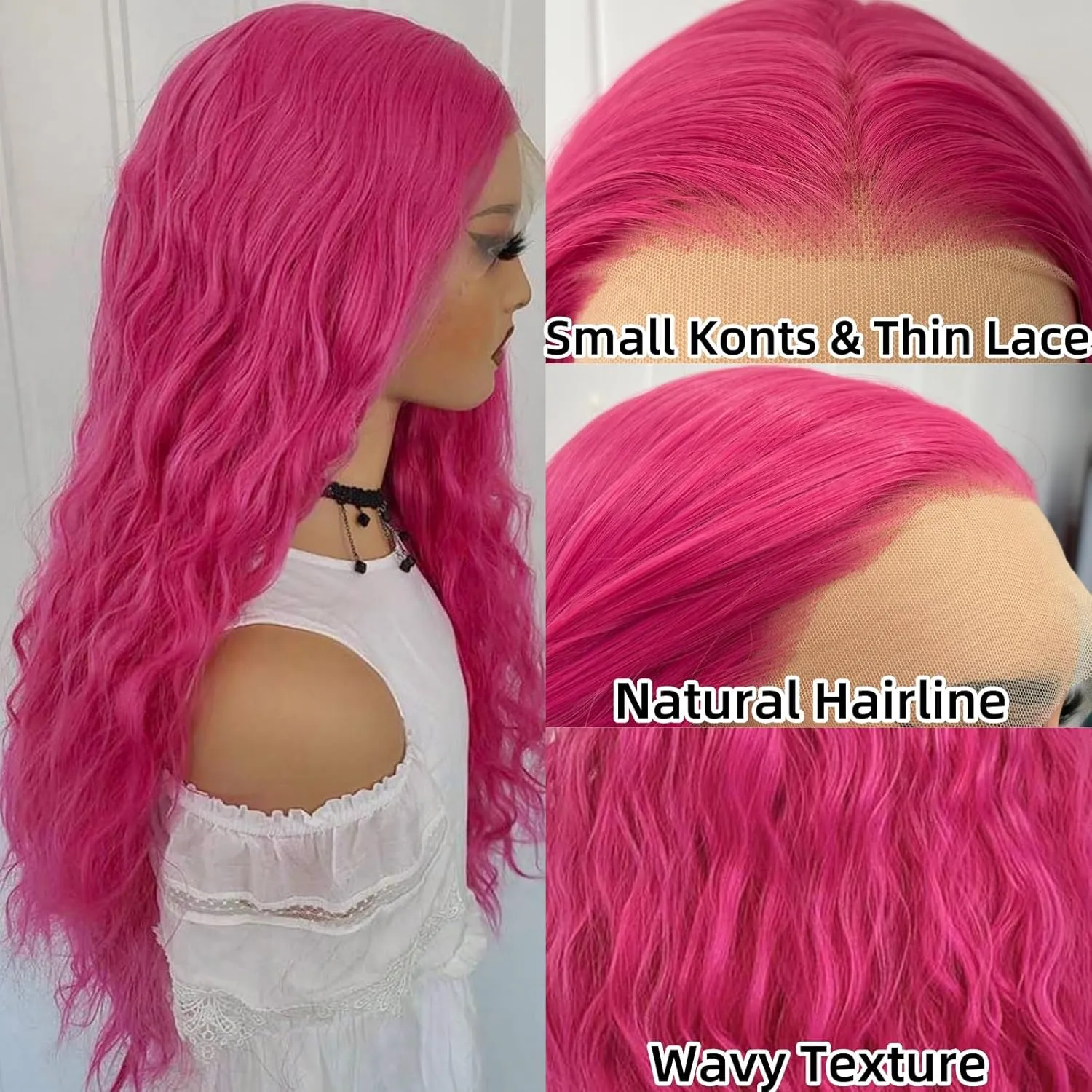 RONGDUOYI Hot Pink Wig Long Wavy Hair Wig Pink Curly Synthetic Lace Front Wig Water Wave Glueless Red Deep Wave Lace Front Wigs for Women Party Cosplay