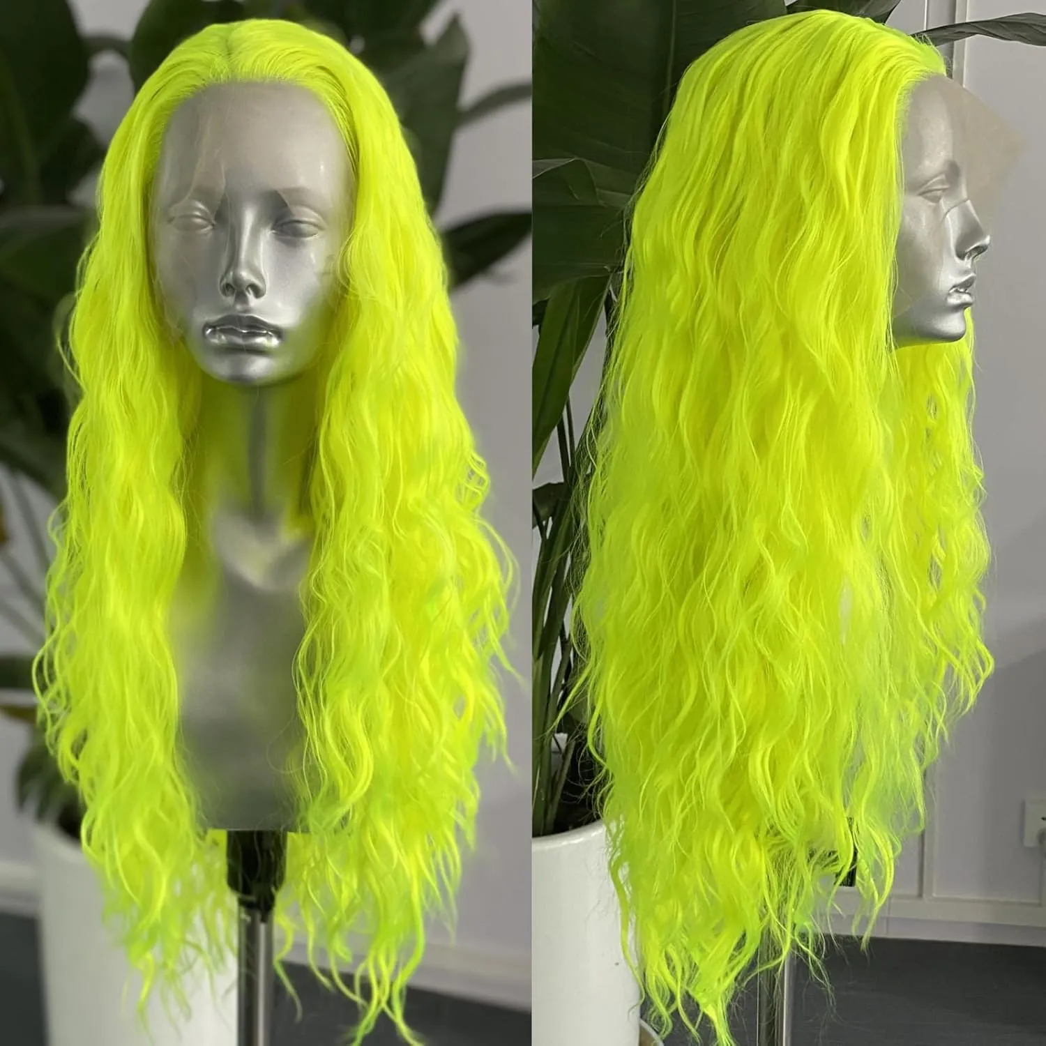 RONGDUOYI Neon Green Wig Long Wavy Curly Synthetic Lace Front Wig Pre Plucked Glueless Natural Hair Wig Water Wave Colored Lime Green Wigs for Women Daily Cosplay Party