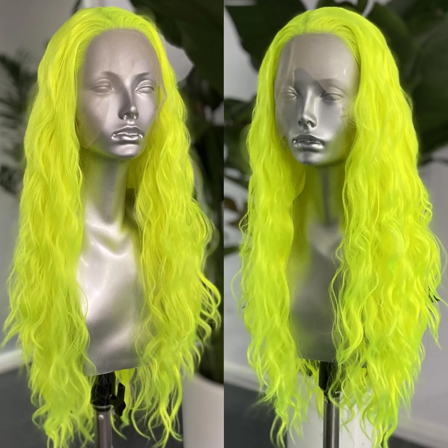RONGDUOYI Neon Green Wig Long Wavy Curly Synthetic Lace Front Wig Pre Plucked Glueless Natural Hair Wig Water Wave Colored Lime Green Wigs for Women Daily Cosplay Party