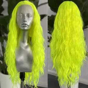 RONGDUOYI Neon Green Wig Long Wavy Curly Synthetic Lace Front Wig Pre Plucked Glueless Natural Hair Wig Water Wave Colored Lime Green Wigs for Women Daily Cosplay Party