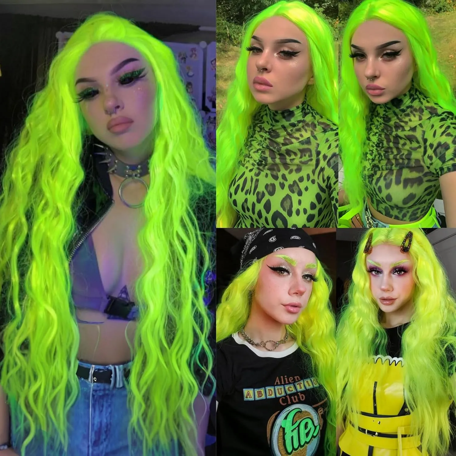 RONGDUOYI Neon Green Wig Long Wavy Curly Synthetic Lace Front Wig Pre Plucked Glueless Natural Hair Wig Water Wave Colored Lime Green Wigs for Women Daily Cosplay Party