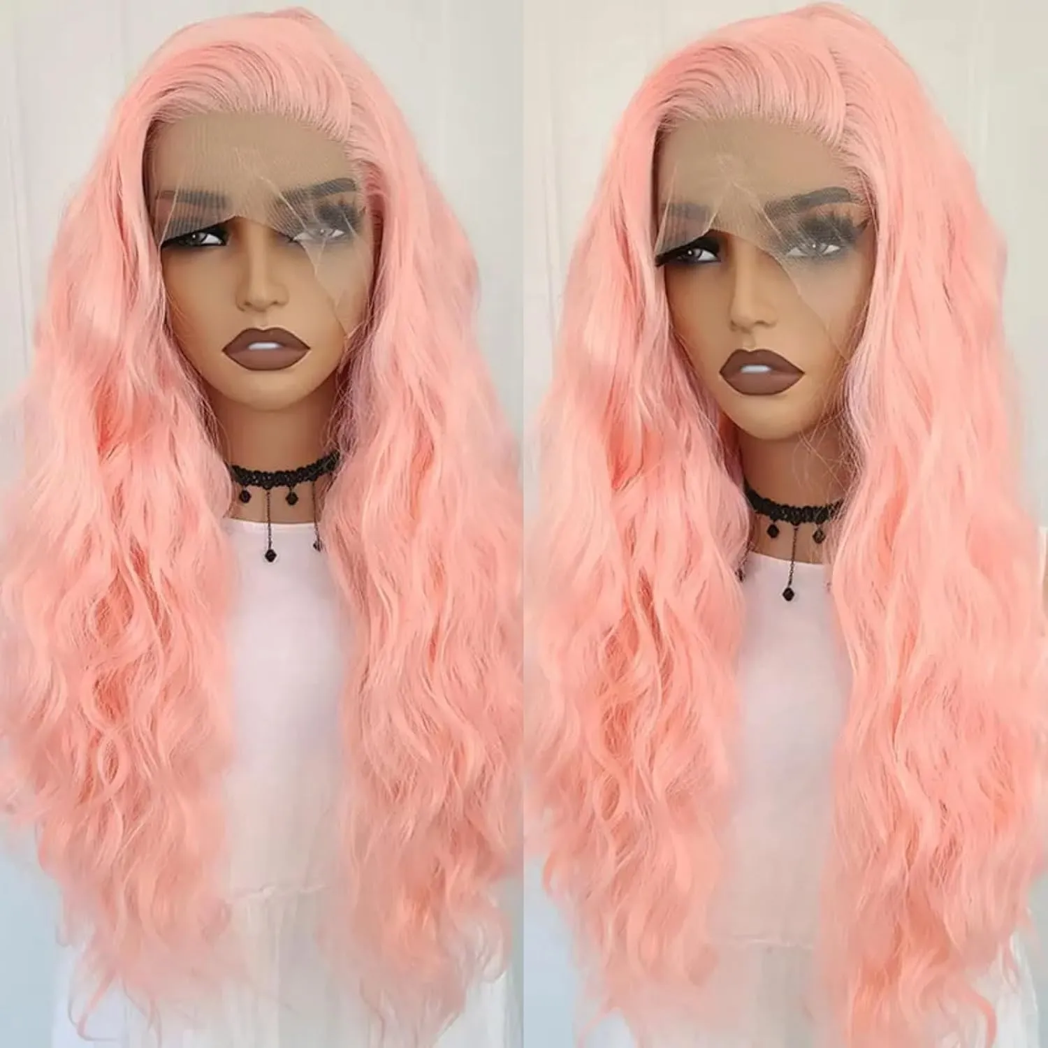 RONGDUOYI Pink Long Wavy Synthetic Hair Wig - Water Wave Glueless Lace Front Light Pink Colored Natural Wave Deep Curly for Women Cosplay Party