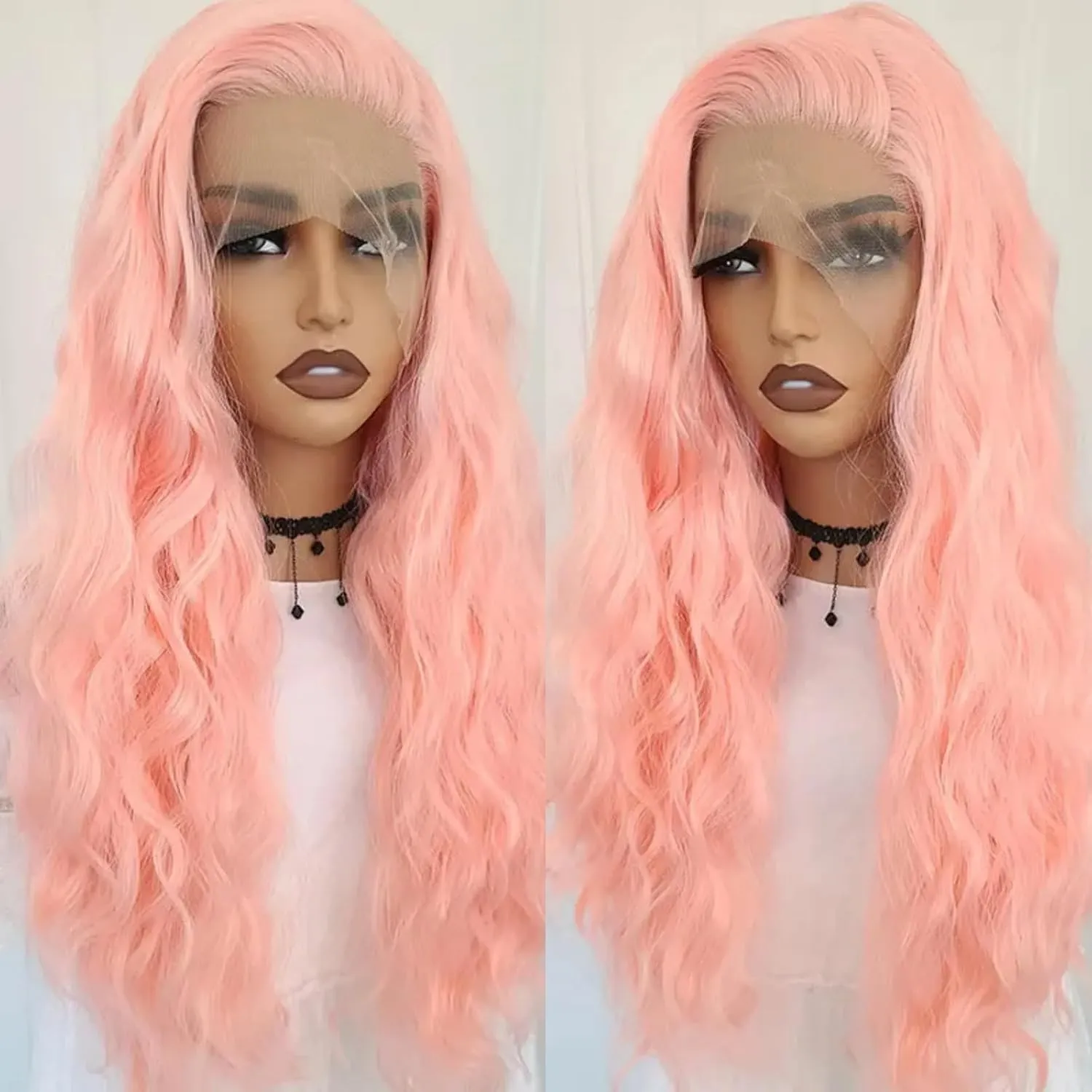 RONGDUOYI Pink Long Wavy Synthetic Hair Wig - Water Wave Glueless Lace Front Light Pink Colored Natural Wave Deep Curly for Women Cosplay Party