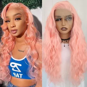 RONGDUOYI Pink Long Wavy Synthetic Hair Wig - Water Wave Glueless Lace Front Light Pink Colored Natural Wave Deep Curly for Women Cosplay Party