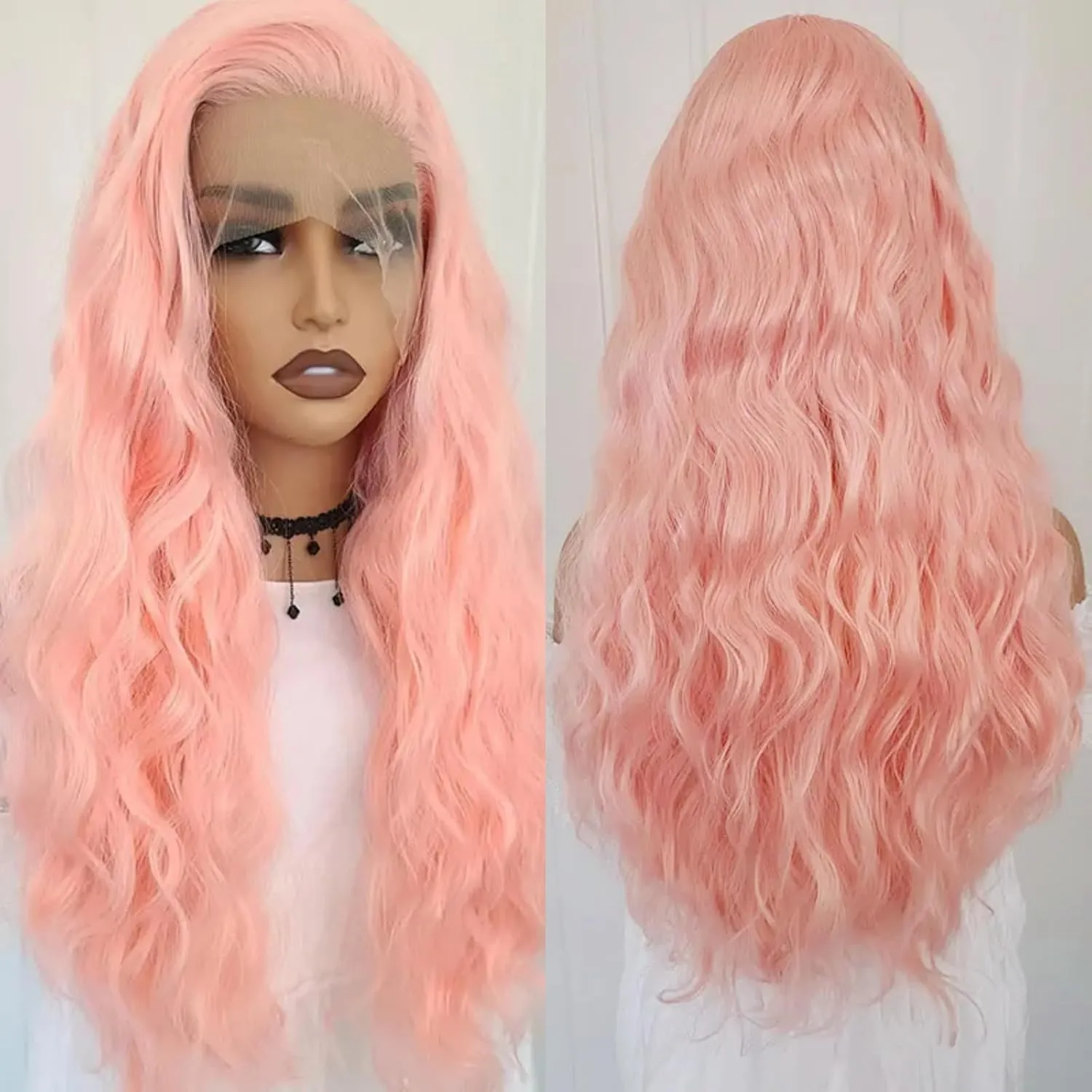 RONGDUOYI Pink Long Wavy Synthetic Hair Wig - Water Wave Glueless Lace Front Light Pink Colored Natural Wave Deep Curly for Women Cosplay Party
