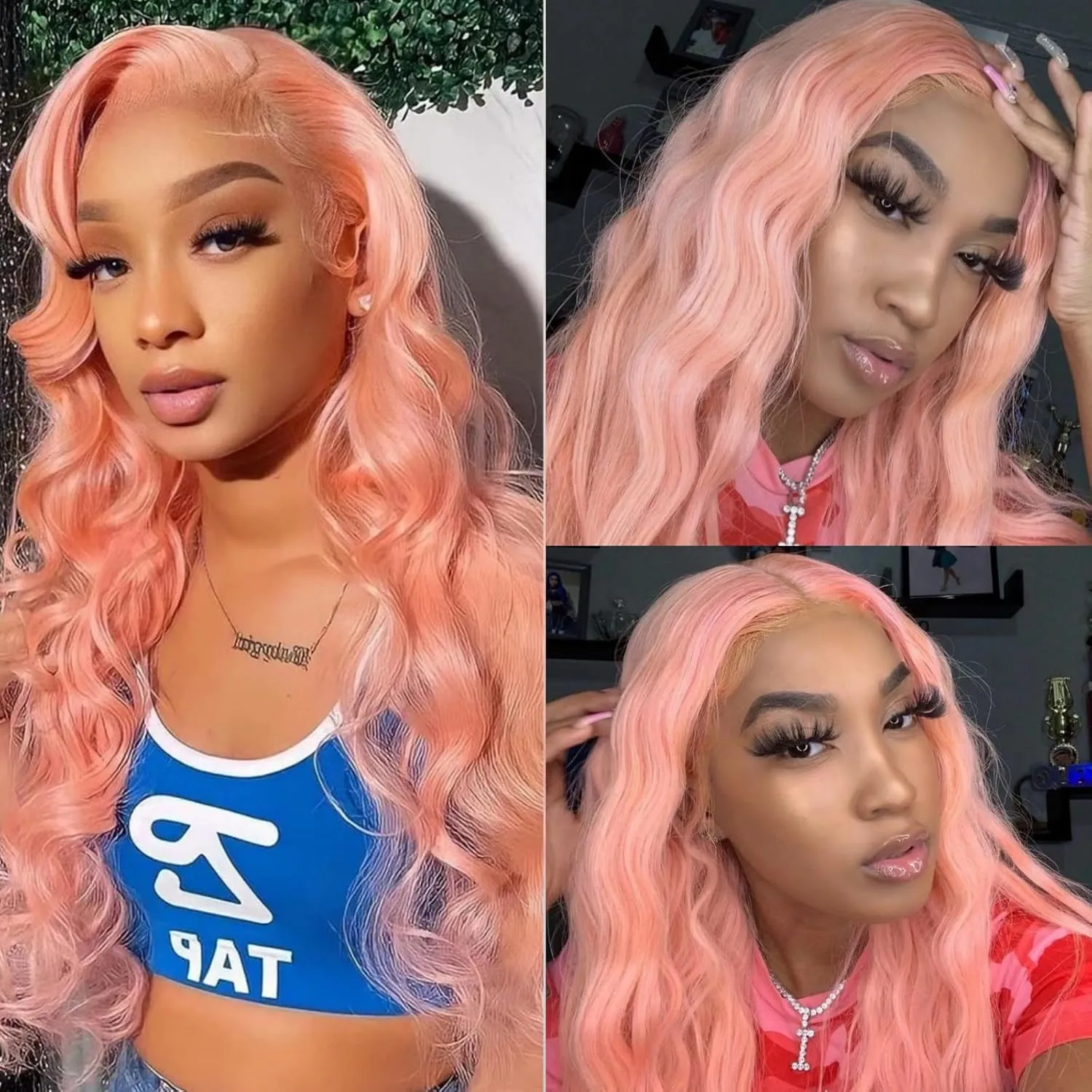 RONGDUOYI Pink Long Wavy Synthetic Hair Wig - Water Wave Glueless Lace Front Light Pink Colored Natural Wave Deep Curly for Women Cosplay Party