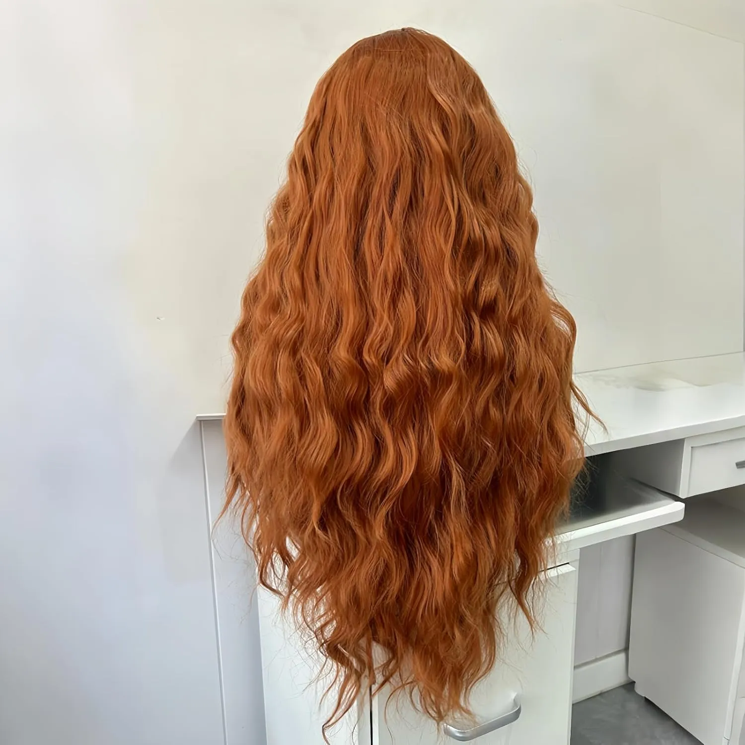 RONGUDOYI Ginger Curly Wig Long Wavy Synthetic Lace Front Wig Glueless Orange Curly Natural Hair Water Wave Lace Front Wigs Burnt Orange Wigs for Women