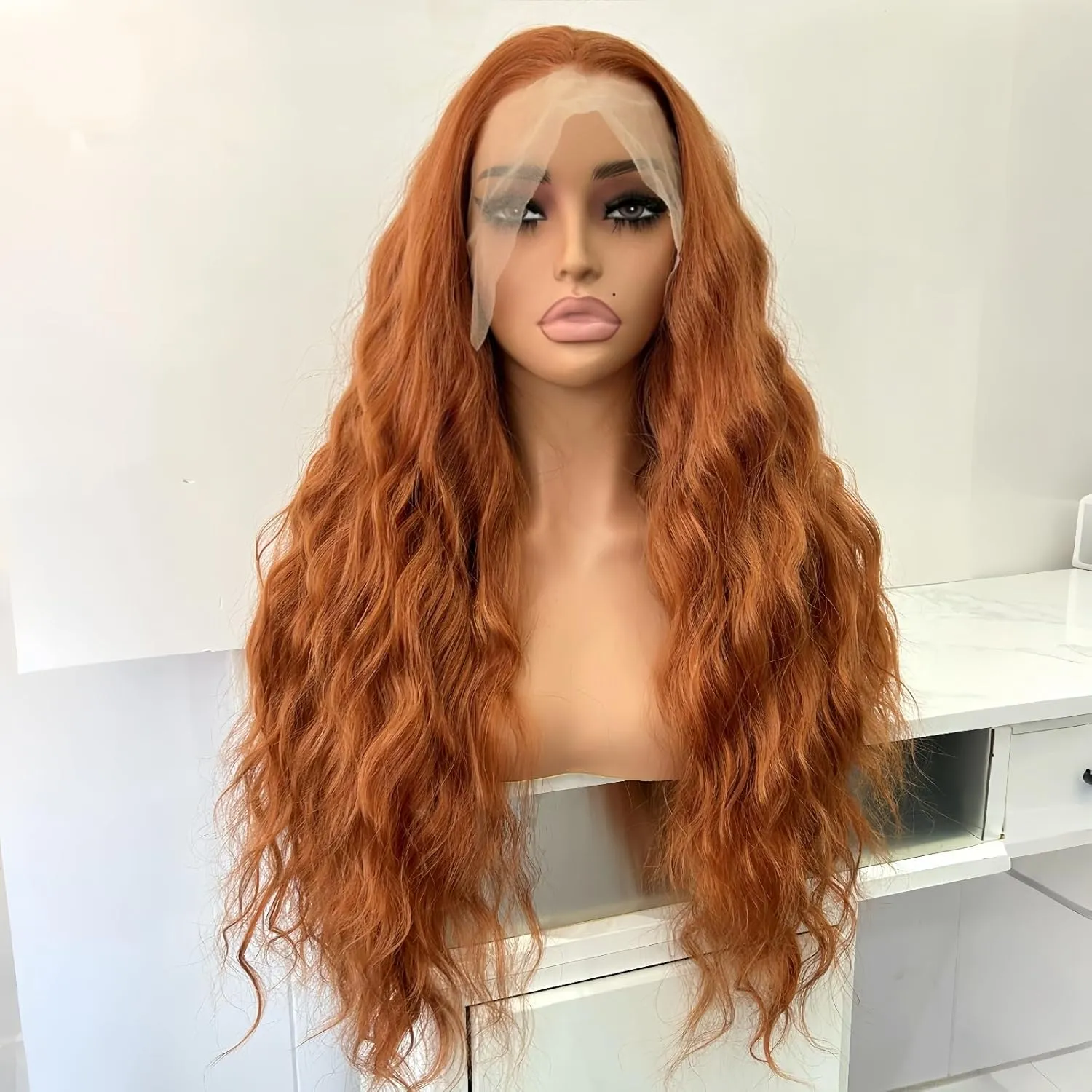 RONGUDOYI Ginger Curly Wig Long Wavy Synthetic Lace Front Wig Glueless Orange Curly Natural Hair Water Wave Lace Front Wigs Burnt Orange Wigs for Women