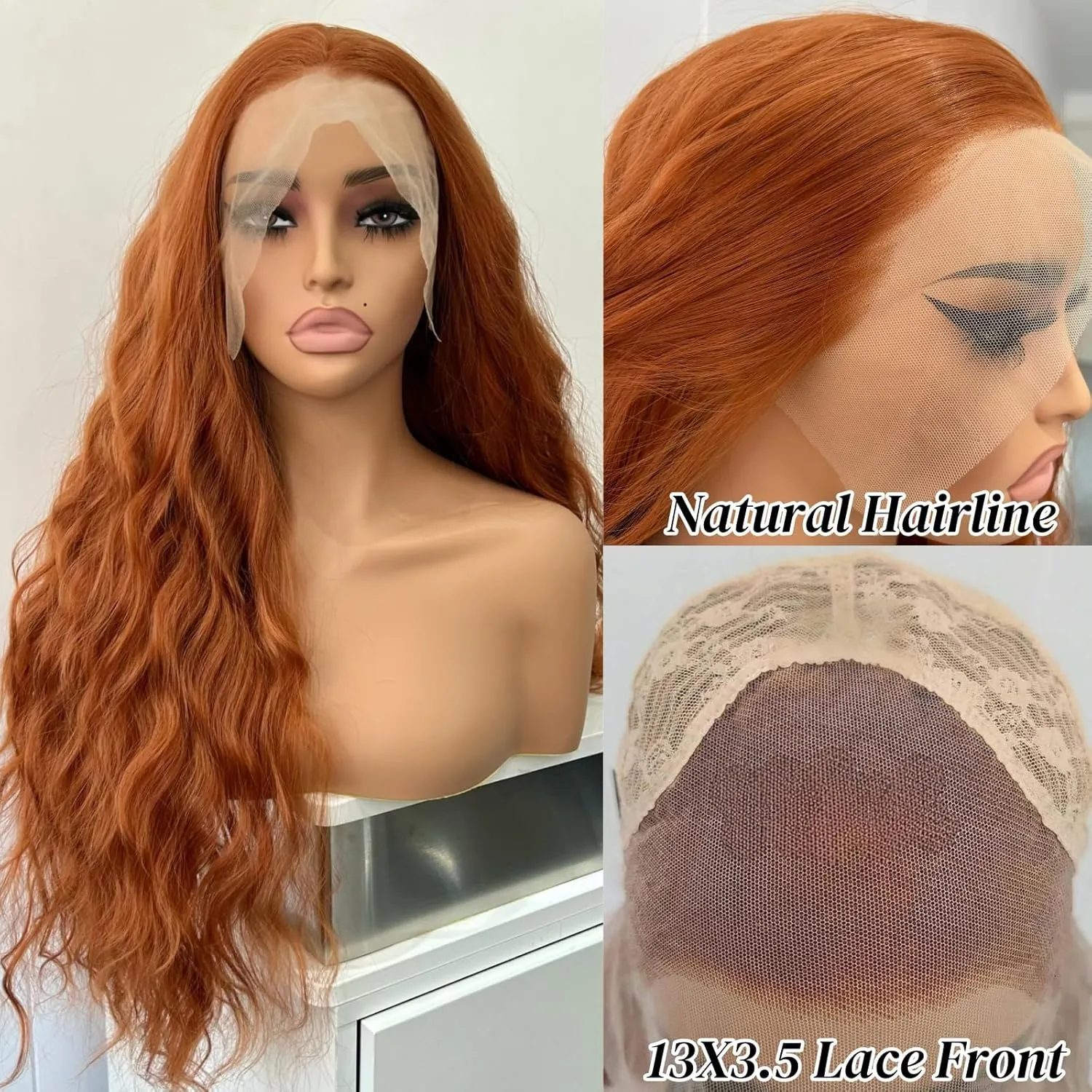 RONGUDOYI Ginger Curly Wig Long Wavy Synthetic Lace Front Wig Glueless Orange Curly Natural Hair Water Wave Lace Front Wigs Burnt Orange Wigs for Women