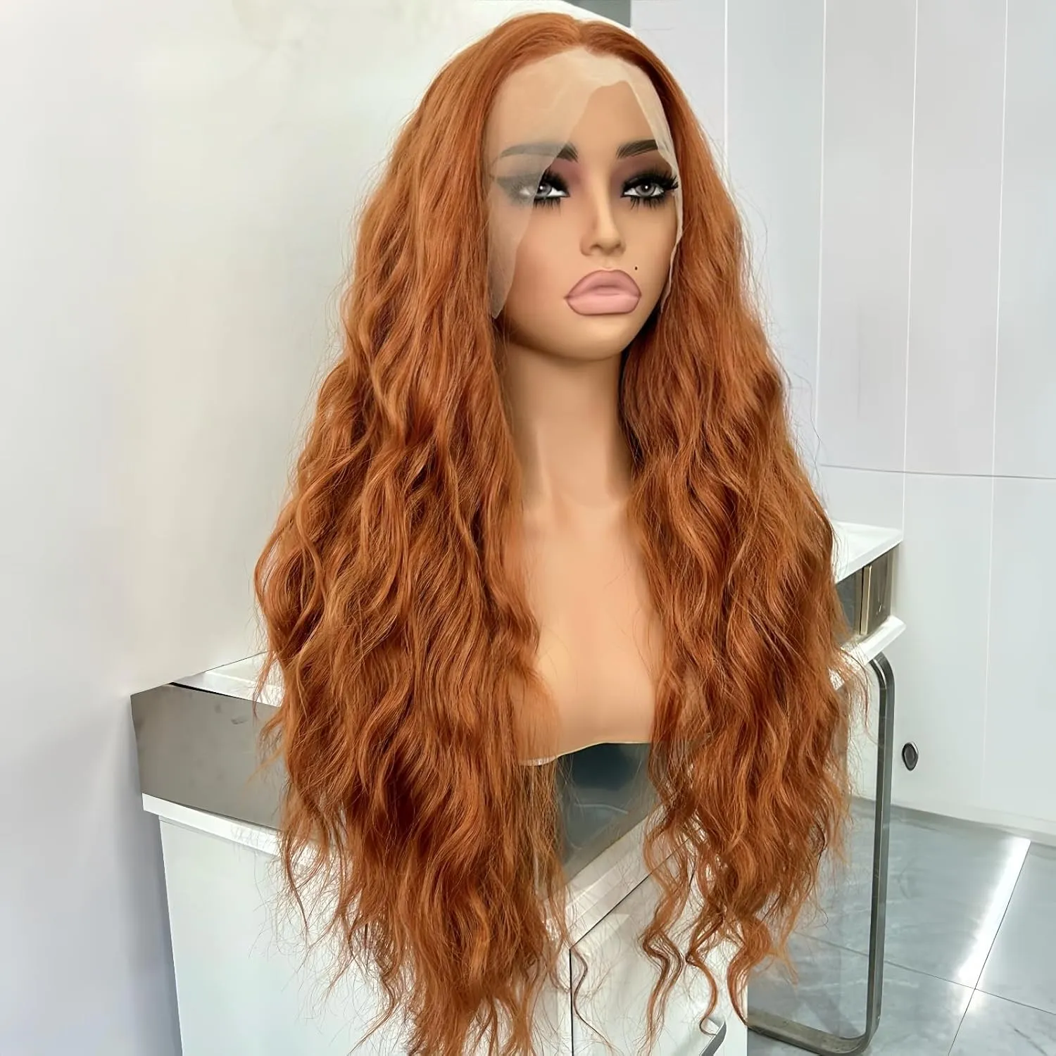 RONGUDOYI Ginger Curly Wig Long Wavy Synthetic Lace Front Wig Glueless Orange Curly Natural Hair Water Wave Lace Front Wigs Burnt Orange Wigs for Women