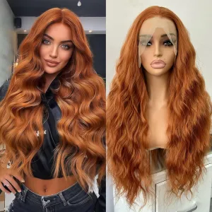 RONGUDOYI Ginger Curly Wig Long Wavy Synthetic Lace Front Wig Glueless Orange Curly Natural Hair Water Wave Lace Front Wigs Burnt Orange Wigs for Women
