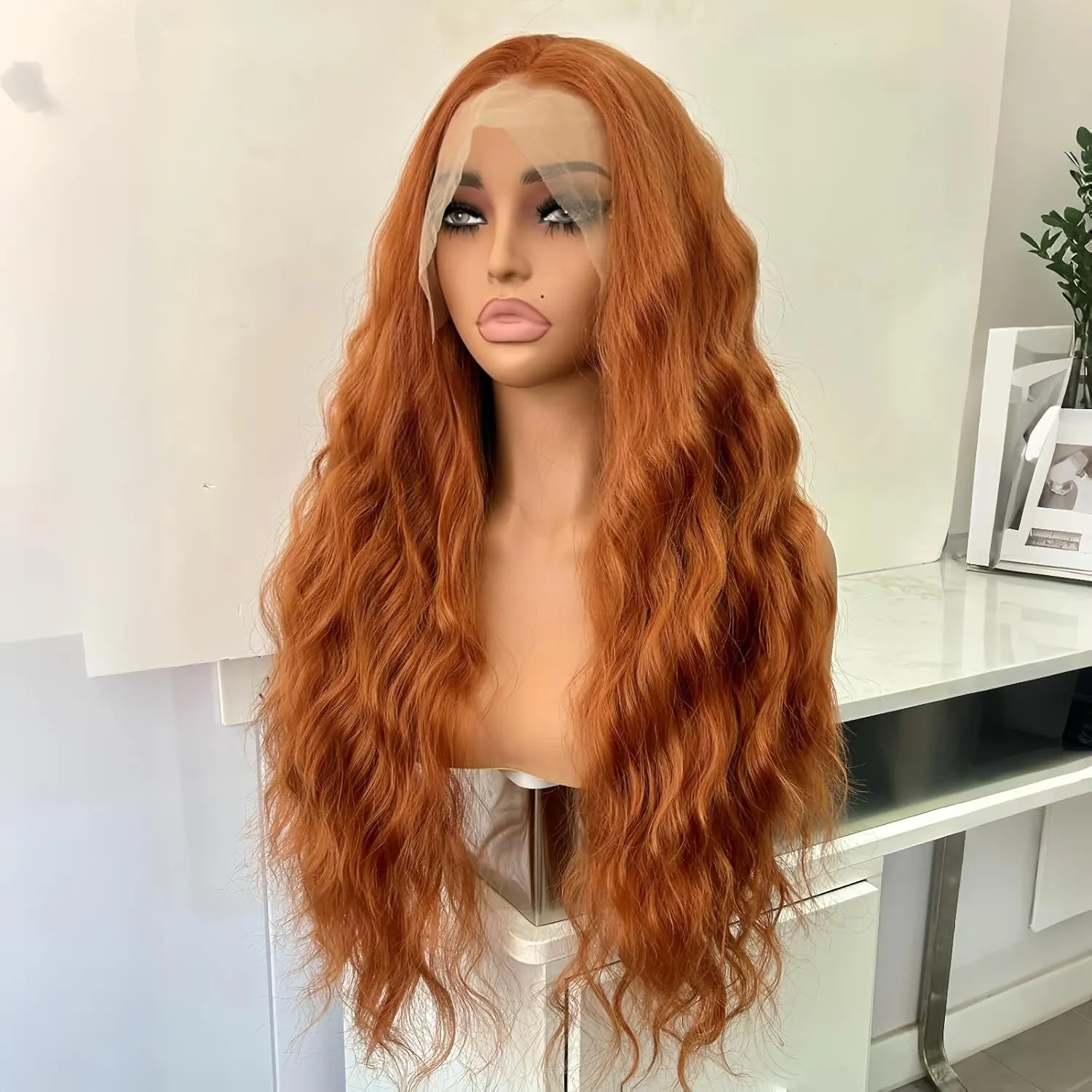 RONGUDOYI Ginger Curly Wig Long Wavy Synthetic Lace Front Wig Glueless Orange Curly Natural Hair Water Wave Lace Front Wigs Burnt Orange Wigs for Women