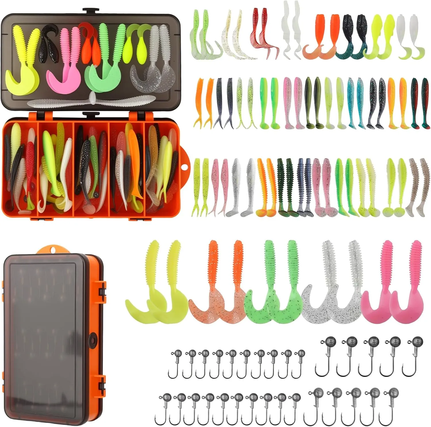 Round Lead Jig Head Hooks with Fishing Box,Ball Jig Heads Swim Bait Jig Heads,Fishing Jigs Ball Heads 60-100pcs Soft Multi-Color Worms and Paddle Tails for Soft Plastic Lures for Trout Bass Walleye