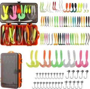 Round Lead Jig Head Hooks with Fishing Box,Ball Jig Heads Swim Bait Jig Heads,Fishing Jigs Ball Heads 60-100pcs Soft Multi-Color Worms and Paddle Tails for Soft Plastic Lures for Trout Bass Walleye