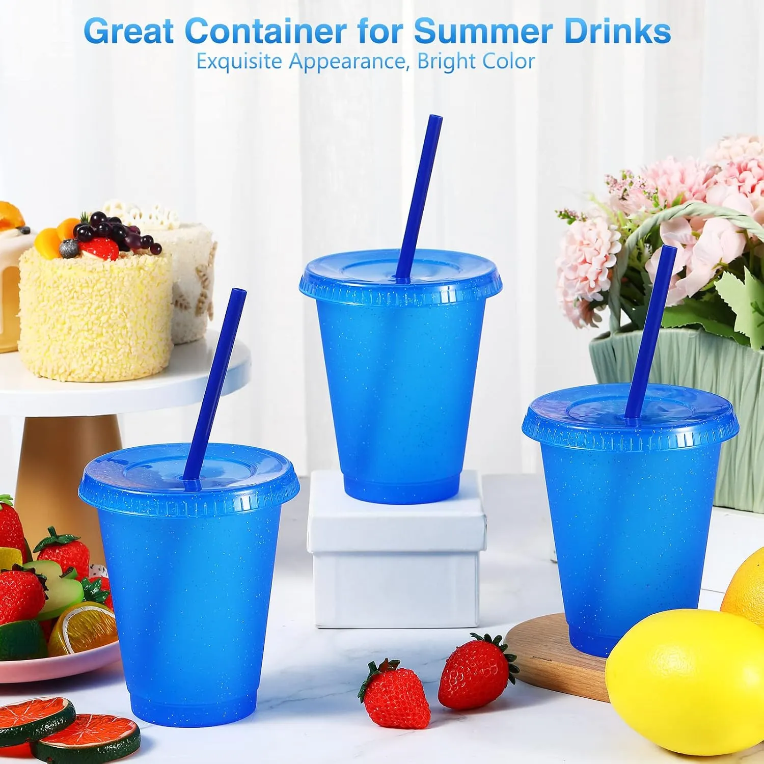 Rtteri 30 Pieces Reusable Cups with Lids and Straws 16 oz Glitter Iced Coffee Tumbler Plastic Travel Mug Cup for Smoothie Juices Christmas Parties Birthdays, Flamingo Party Bachelor Party(Dark Blue)