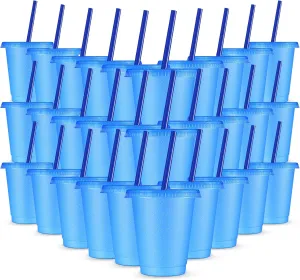 Rtteri 30 Pieces Reusable Cups with Lids and Straws 16 oz Glitter Iced Coffee Tumbler Plastic Travel Mug Cup for Smoothie Juices Christmas Parties Birthdays, Flamingo Party Bachelor Party(Dark Blue)
