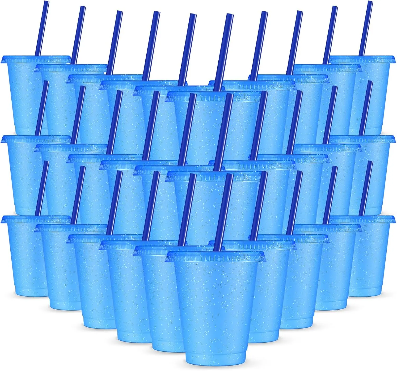Rtteri 30 Pieces Reusable Cups with Lids and Straws 16 oz Glitter Iced Coffee Tumbler Plastic Travel Mug Cup for Smoothie Juices Christmas Parties Birthdays, Flamingo Party Bachelor Party(Dark Blue)