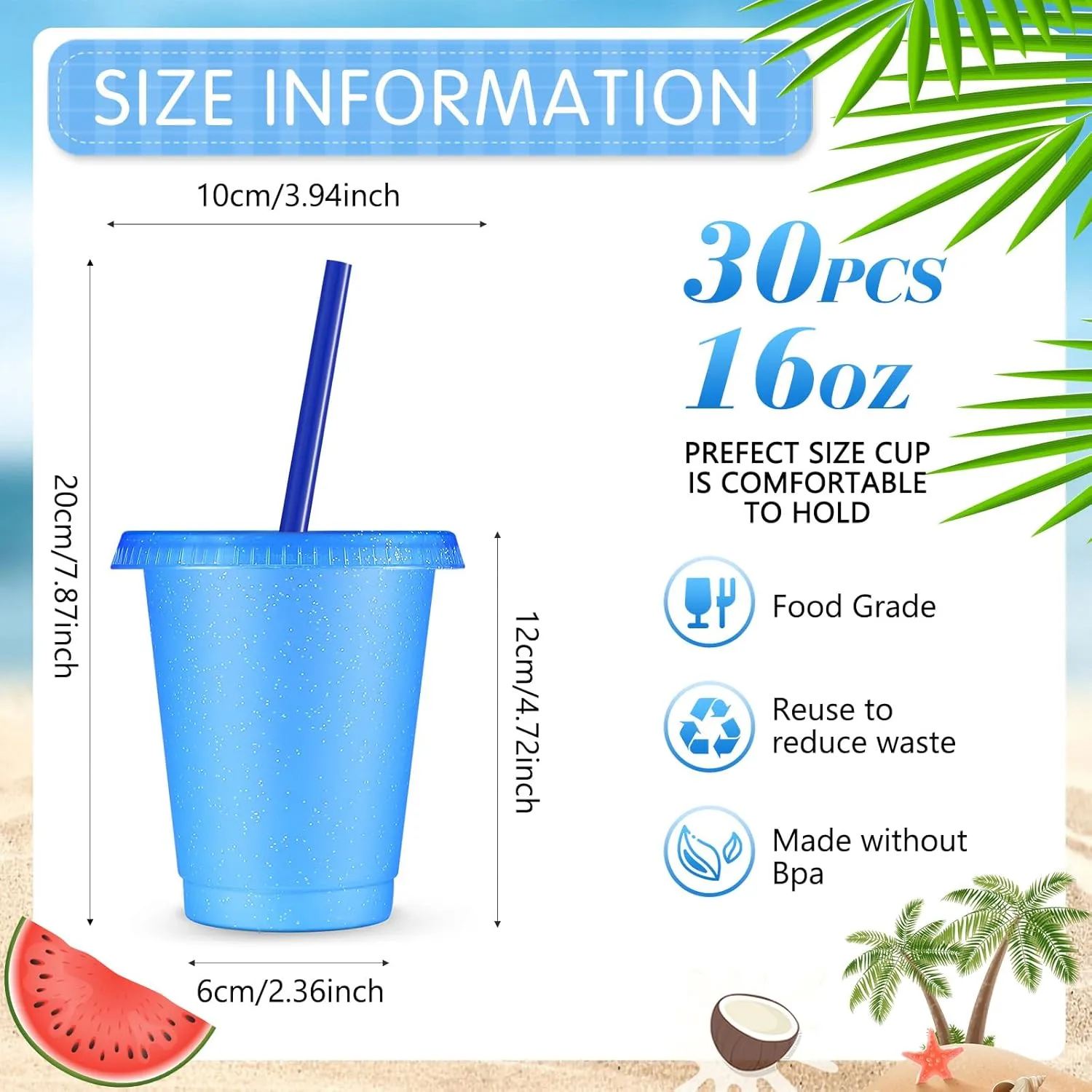 Rtteri 30 Pieces Reusable Cups with Lids and Straws 16 oz Glitter Iced Coffee Tumbler Plastic Travel Mug Cup for Smoothie Juices Christmas Parties Birthdays, Flamingo Party Bachelor Party(Dark Blue)
