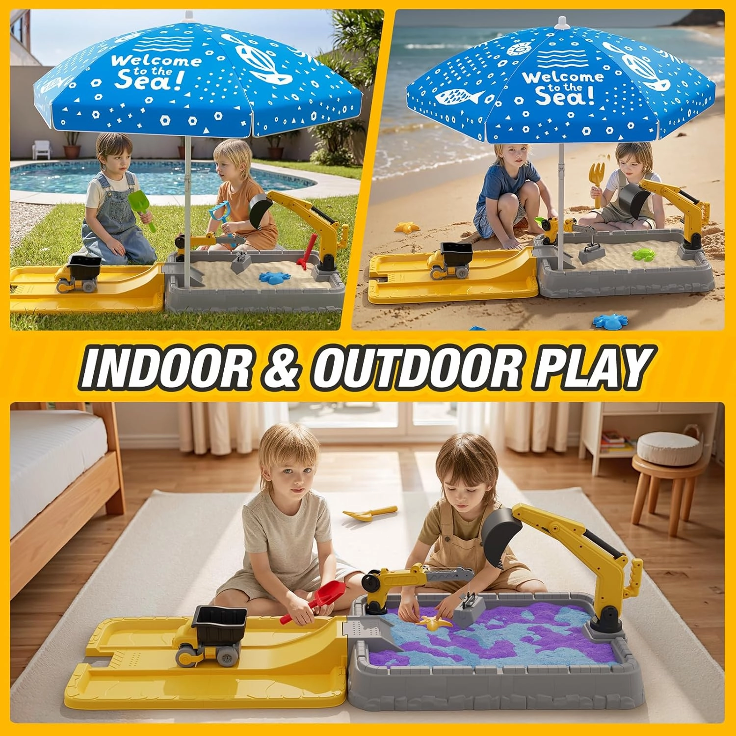 Sandbox with Lid & Adjustable Umbrella, Dirt Digger Excavator Sand Box with Cover incl Construction Toys & Play Sand Tools, Summer Beach Game, Indoor Outdoor Gifts for Toddler 3-5, Yellow
