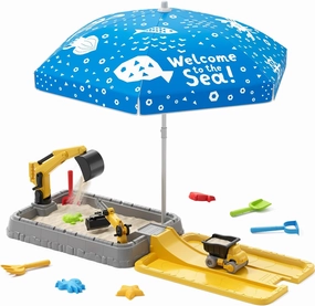 Sandbox with Lid & Adjustable Umbrella, Dirt Digger Excavator Sand Box with Cover incl Construction Toys & Play Sand Tools, Summer Beach Game, Indoor Outdoor Gifts for Toddler 3-5, Yellow