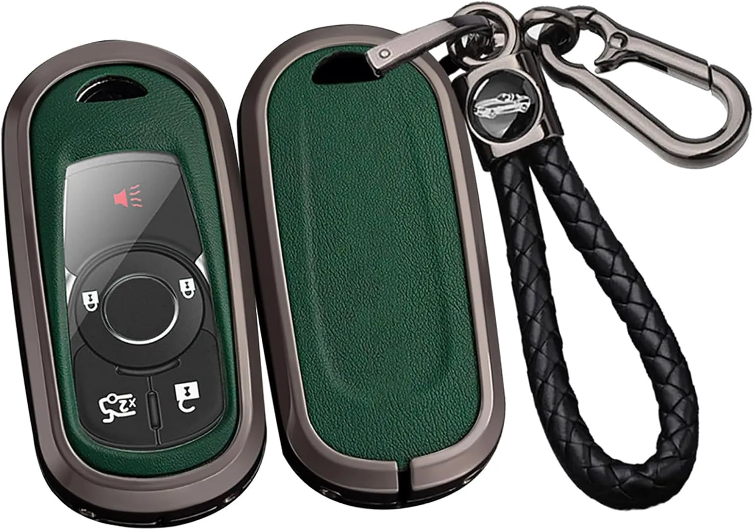 SANRILY PU Leather 4/5/6 Button Key Fob Cover Fit for Buick Envista 2024 Invista ST Enclave Encore GX Envision Lacrosse Regal Tourx Keyless with Weave Keychain Black-Green