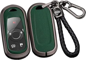 SANRILY PU Leather 4/5/6 Button Key Fob Cover Fit for Buick Envista 2024 Invista ST Enclave Encore GX Envision Lacrosse Regal Tourx Keyless with Weave Keychain Black-Green