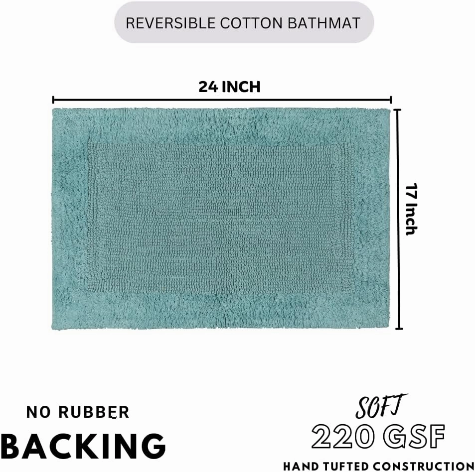 Savi Home Bath Mat Rug 17x24 Aqua Blue, 100% Pure Cotton, Super Soft White, Plush & Absorbent, Hand Tufted Heavy Weight Construction, Full Reversible Step Out Rugs