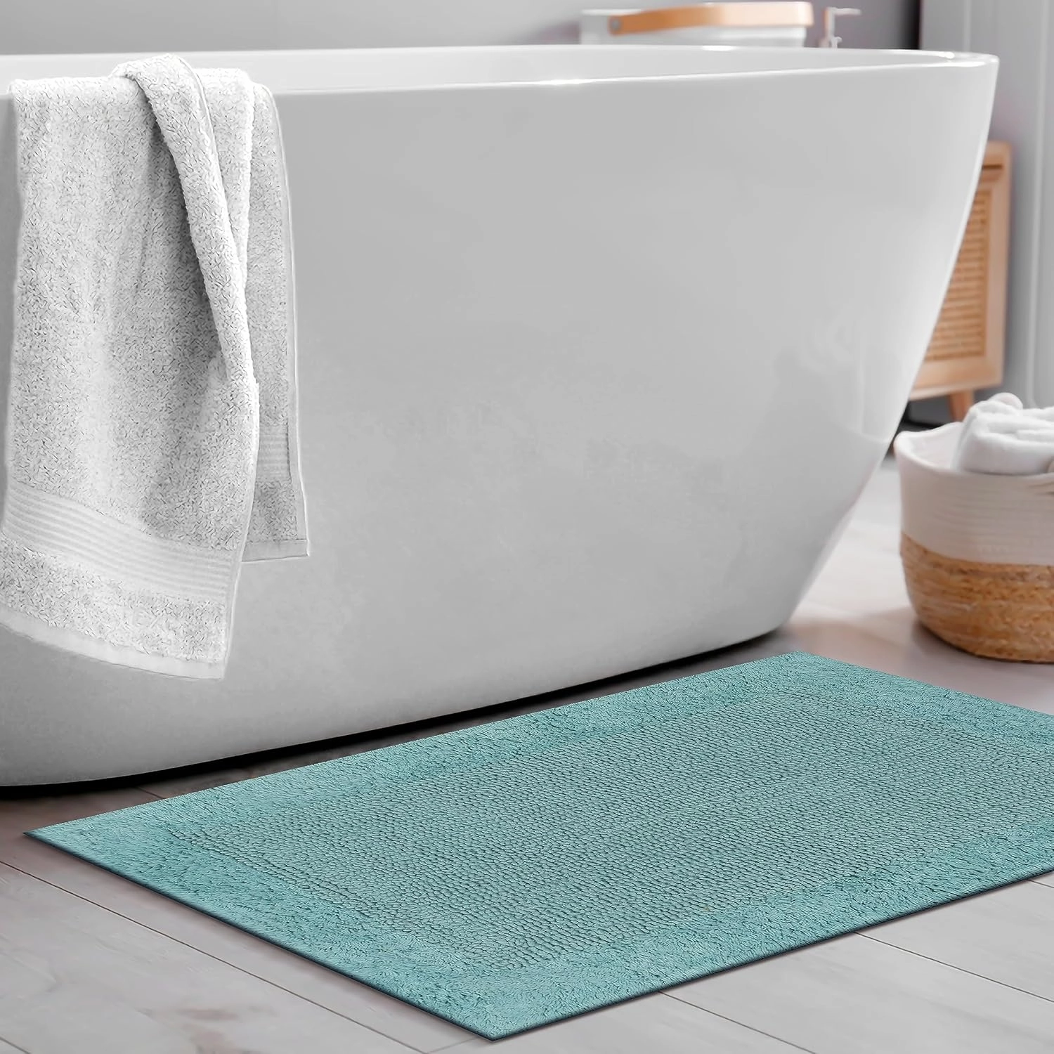 Savi Home Bath Mat Rug 17x24 Aqua Blue, 100% Pure Cotton, Super Soft White, Plush & Absorbent, Hand Tufted Heavy Weight Construction, Full Reversible Step Out Rugs