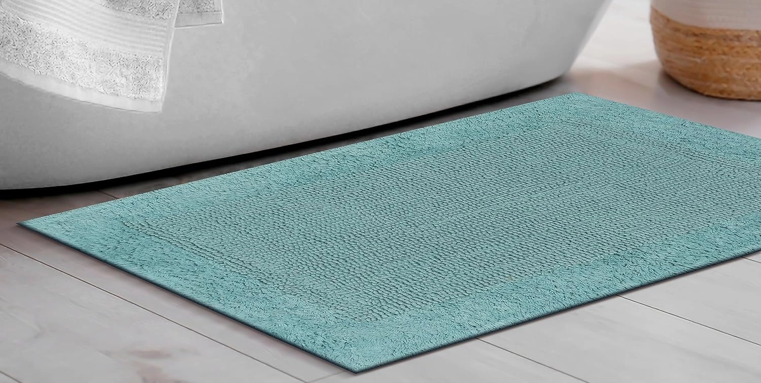 Savi Home Bath Mat Rug 17x24 Aqua Blue, 100% Pure Cotton, Super Soft White, Plush & Absorbent, Hand Tufted Heavy Weight Construction, Full Reversible Step Out Rugs