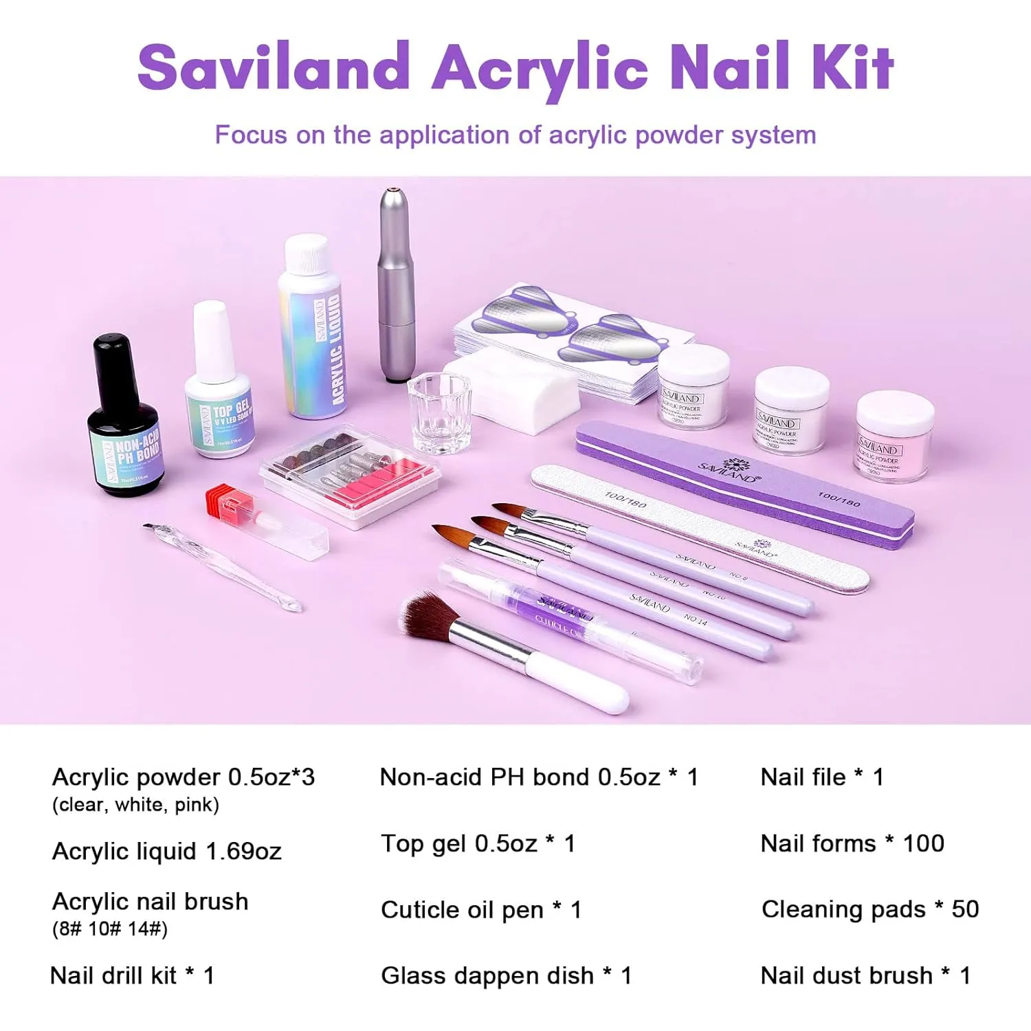 SAVILAND Acrylic Nail Kit with Drill: Professional 0.5Oz Clear/White/Pink Acrylic Powder and 50ml Liquid Set with Drill Nail Brush Forms Tool Extension Set for Beginners with Everything Home DIY Salon