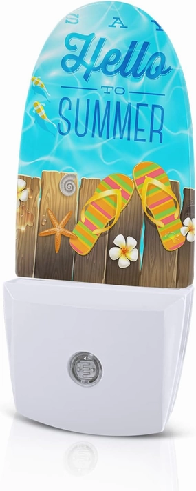 Say Hello to Summer Plug in Night Light, Dusk to Dawn Sensor, Beach Slipper Wood Floral Slippers LED Nightlights for Kids, Bedroom, Bathroom, Nursery, Hallway, Decorative Wall Light