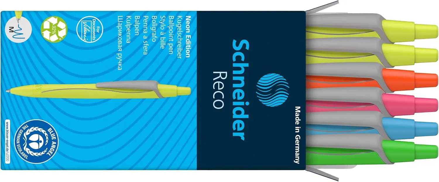 Schneider 131986 Reco Neon Edition Ballpoint Pen Recycled Plastic Awarded with The Blue Angel Ink Colour: Blue Assorted Pack of 6